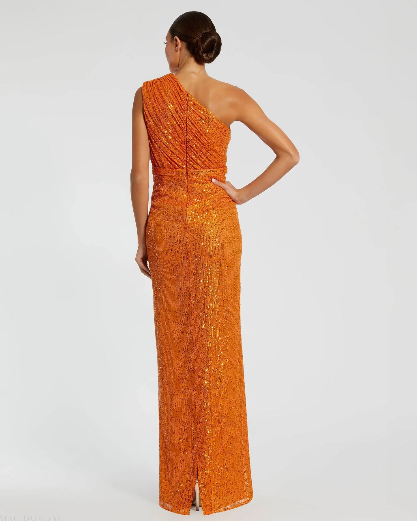 Orange Sequined Ruched One Shoulder Gown - Mac Duggal
