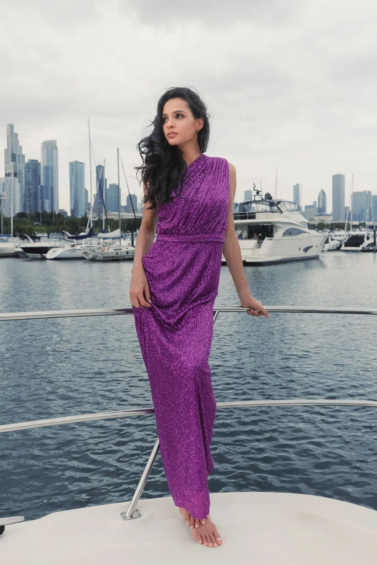 Dark Purple Sequined Ruched One Shoulder Gown - Ieena for Mac Duggal