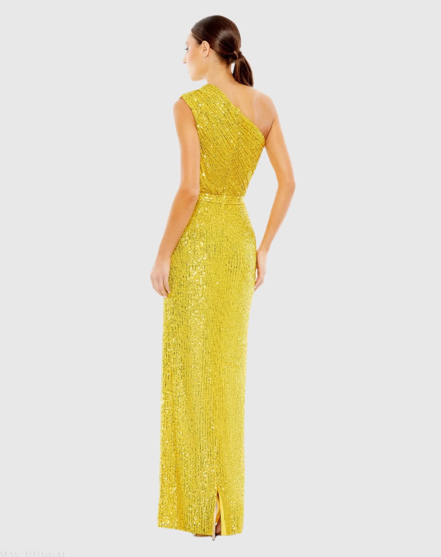 Yellow Sequined Ruched One Shoulder Gown - Ieena for Mac Duggal
