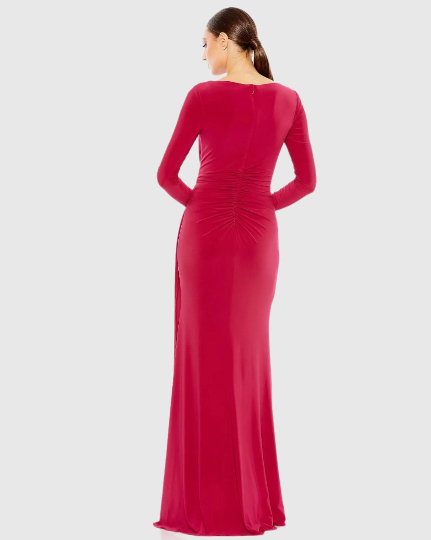 Red Ruched Long Sleeve Cowl Neck Gown - Mac Duggal