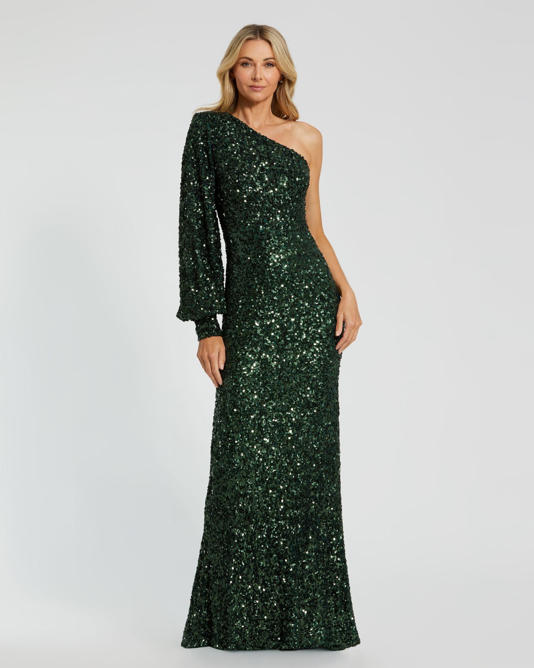 Emerald Sequined One Shoulder Bishop Sleeve Trumpet Gown