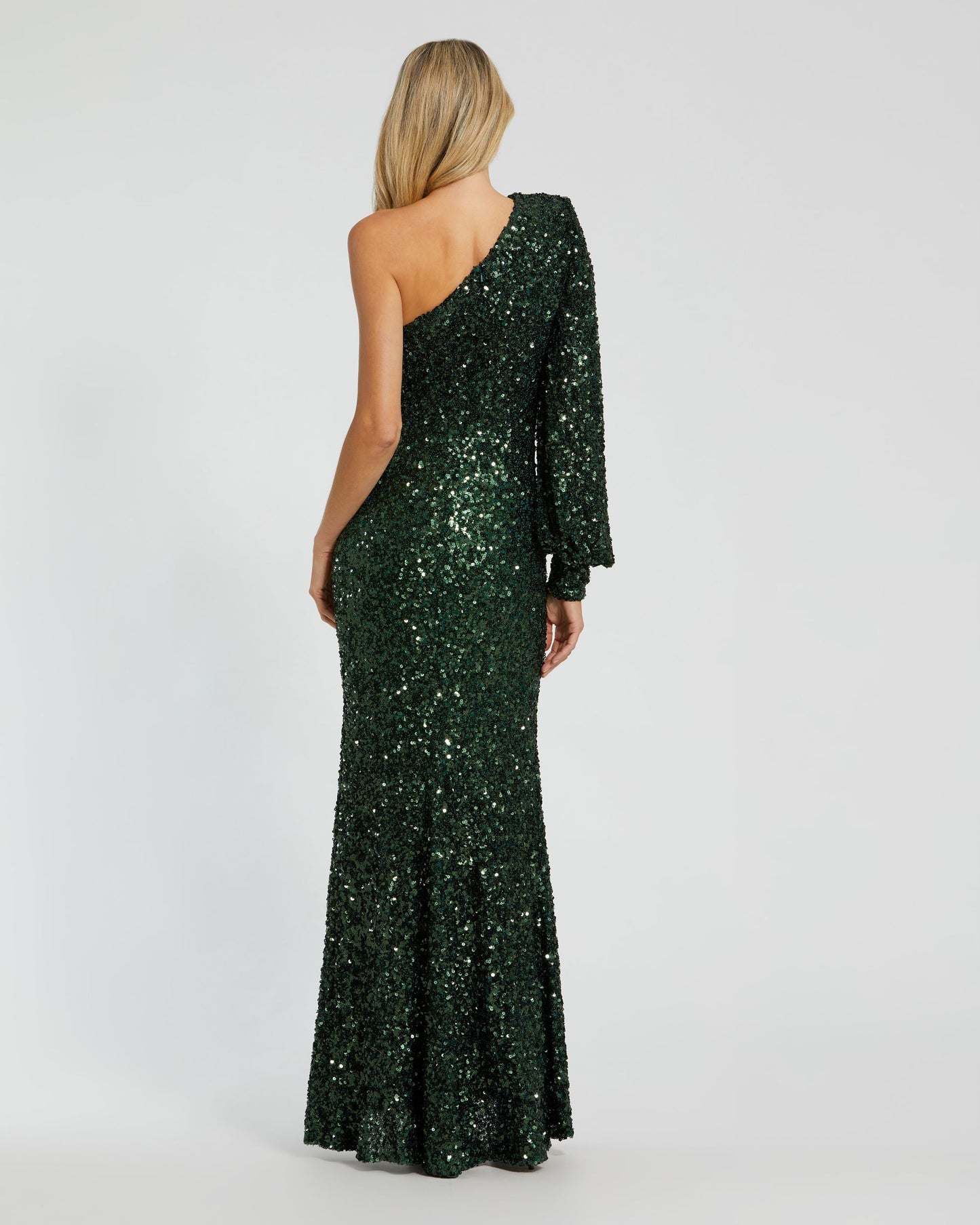 Dark Green Sequined One Shoulder Bishop Sleeve Trumpet Gown Ieena for Mac Duggal