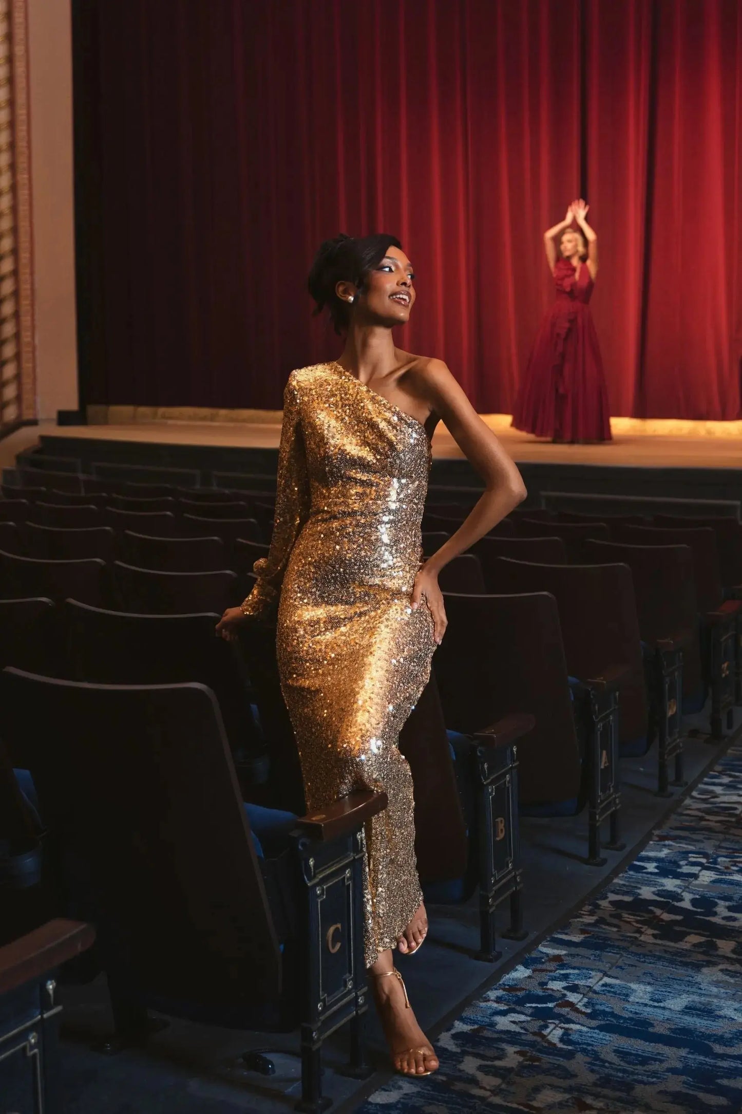 Gold Sequined One Shoulder Bishop Sleeve Trumpet Gown - Ieena for Mac Duggal