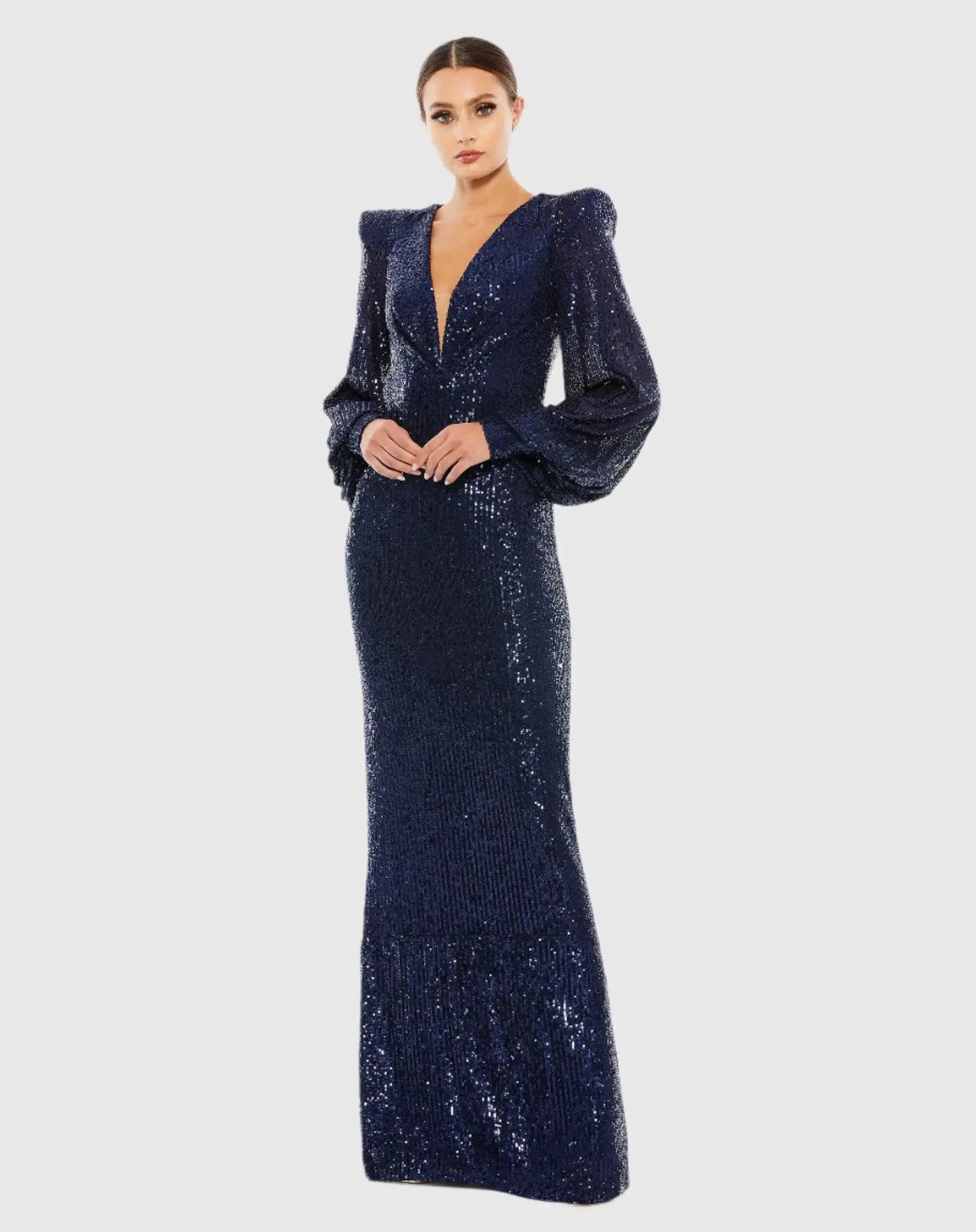 Navy Sequined Plunge Neck Structured Bishop Sleeve Gown - Ieena for Mac Duggal