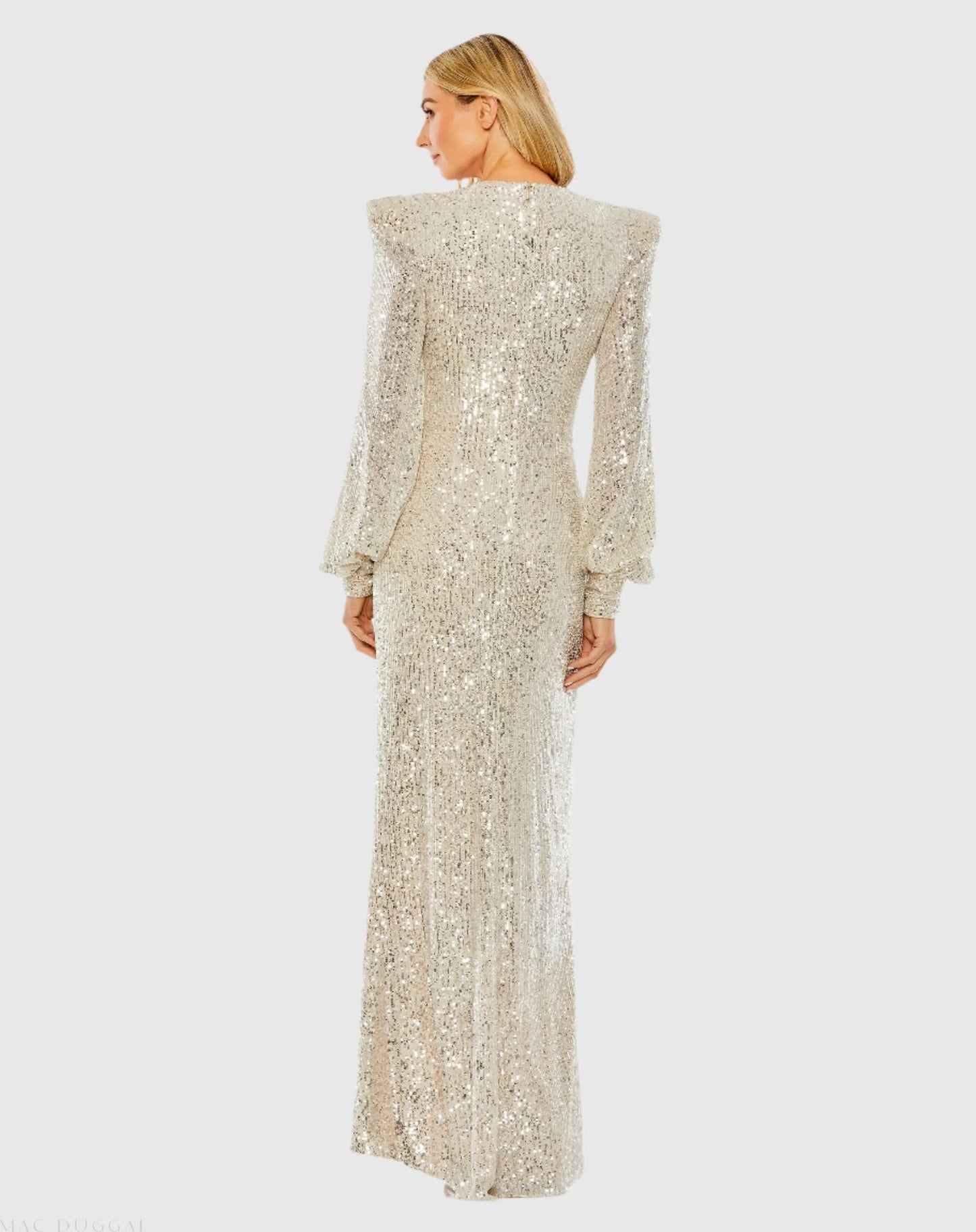 Silver Sequined Plunge Neck Structured Bishop Sleeve Gown - Mac Duggal