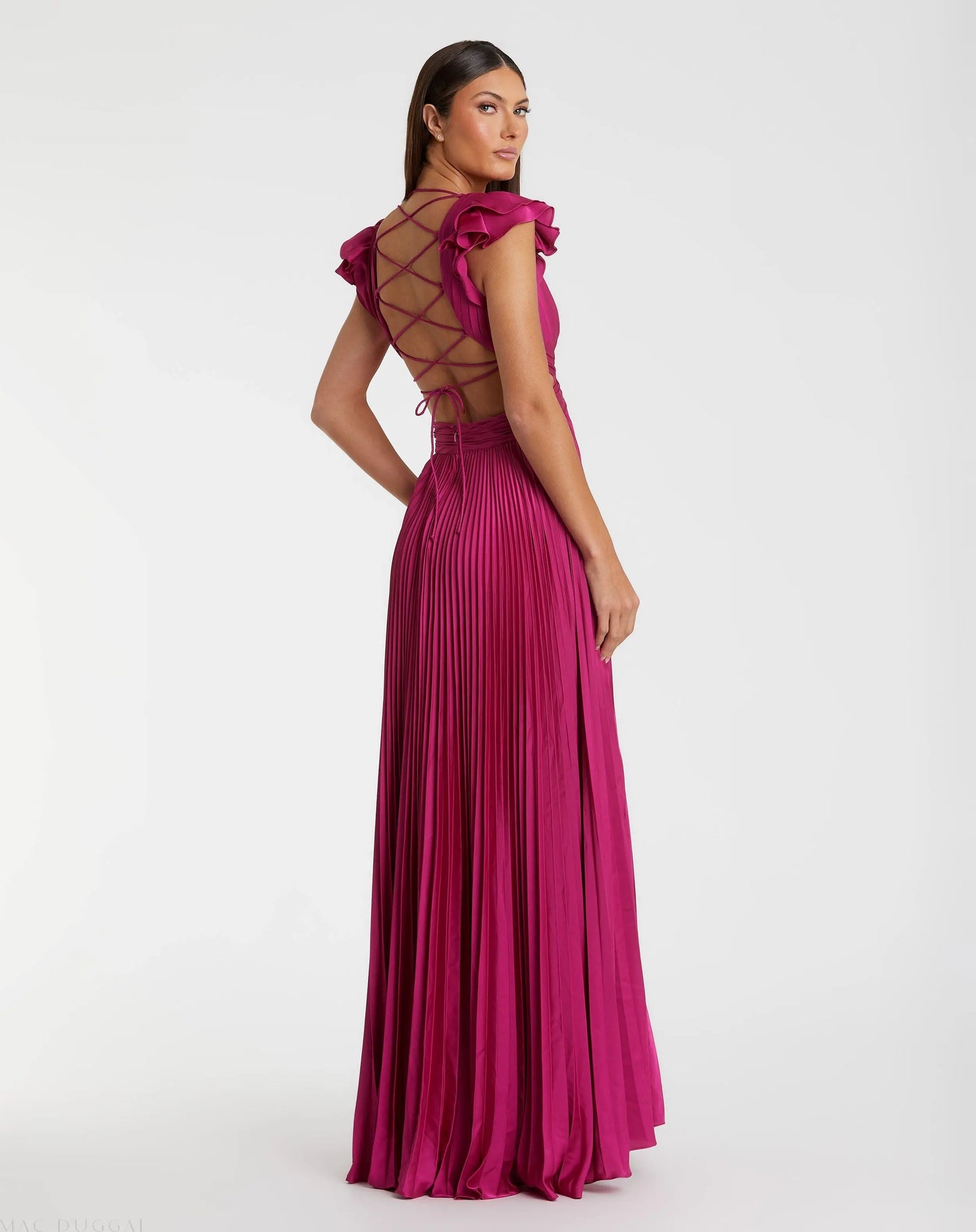 Purple Pleated Ruffled Cap Sleeve Cut Out Lace Up Gown - Mac Duggal