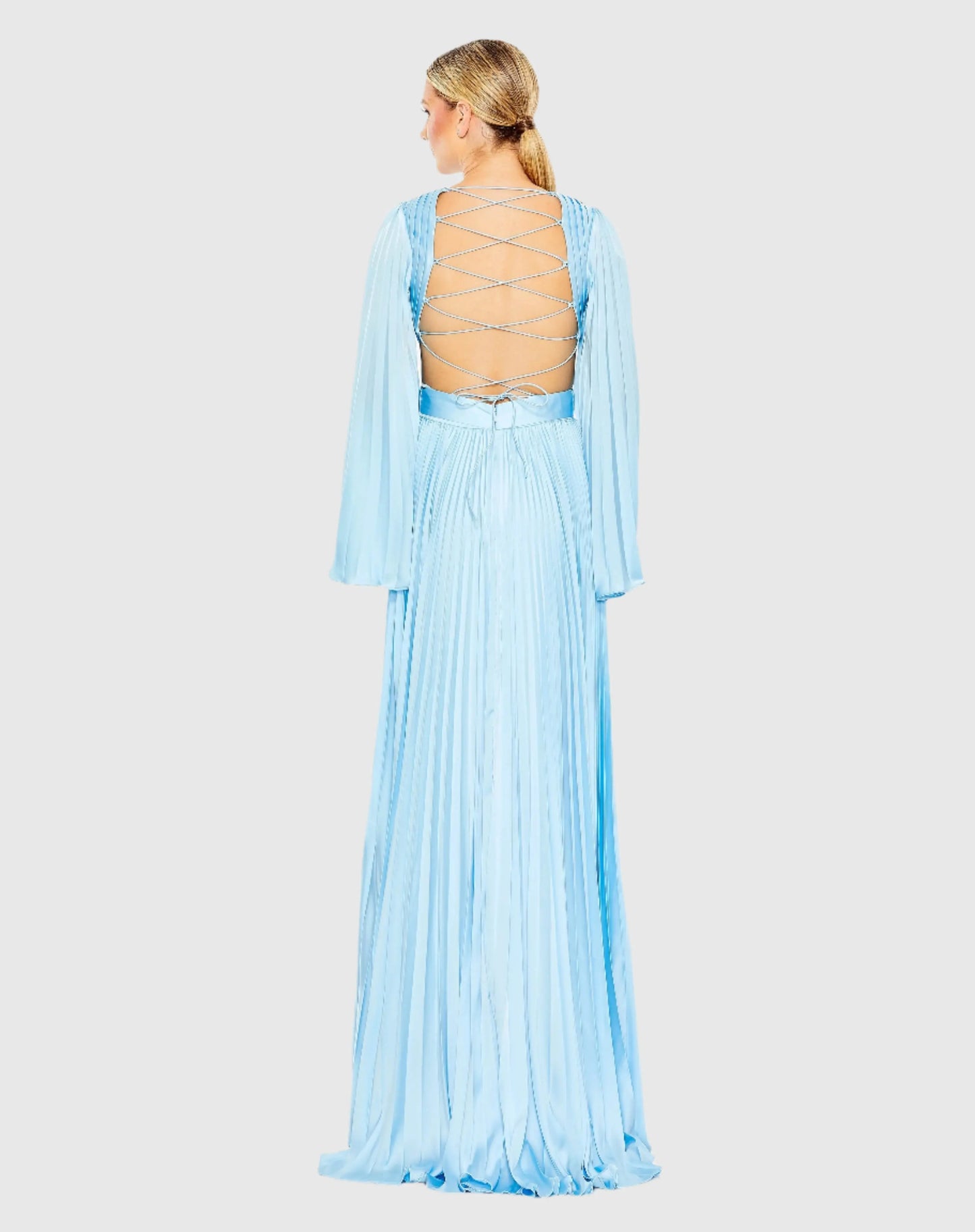 Blue Long Sleeve Lace up Back Charmeuse Gown - FINAL SALE - Ieena for Mac Duggal