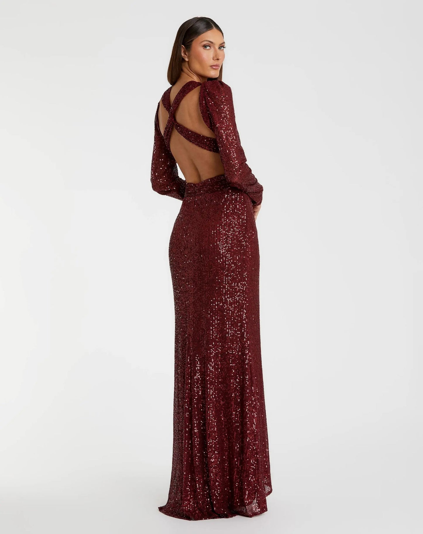 Red Sequined Criss Cross Long Sleeve Gown - Mac Duggal