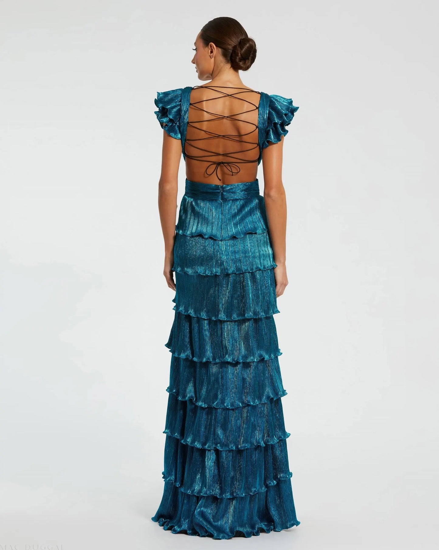 Blue Ruffle Tiered Criss Cross Lace Up Gown - Mac Duggal