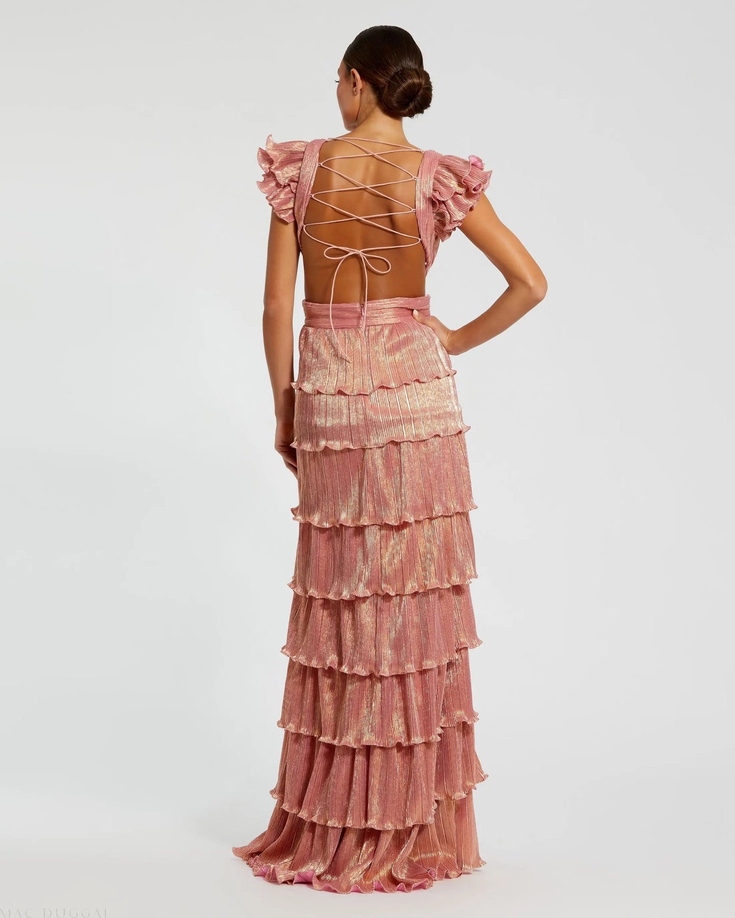 Pink Ruffle Tiered Criss Cross Lace Up Gown - Mac Duggal
