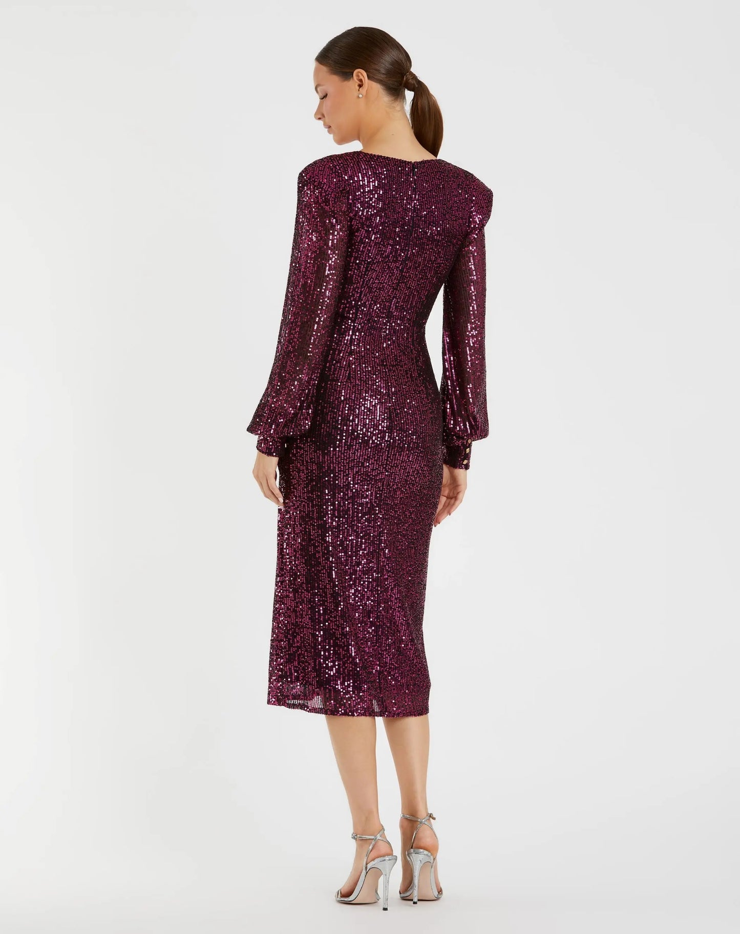 Purple Sequined Structured Bishop Sleeve Midi Dress - Ieena for Mac Duggal