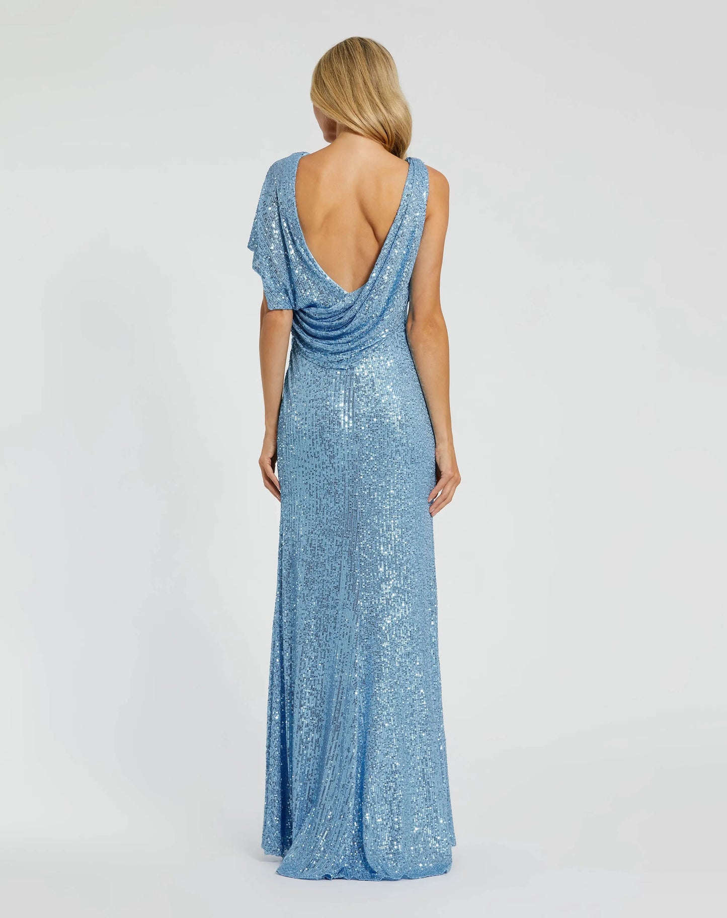 Blue Sequined Asymmetrical Draped Trumpet Gown Ieena for Mac Duggal
