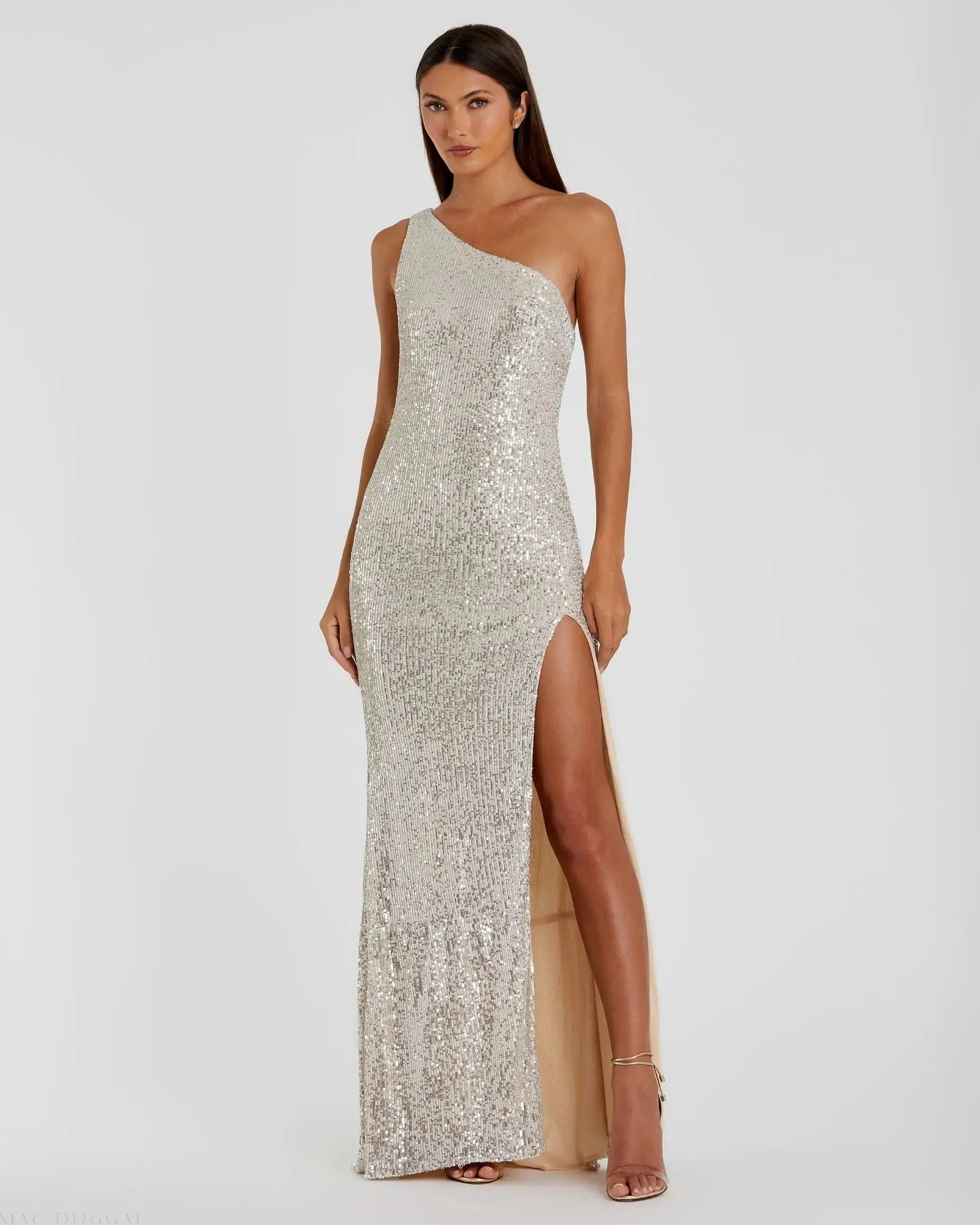 silver one shoulder dress Silver Sequined One Shoulder Draped Back Gown