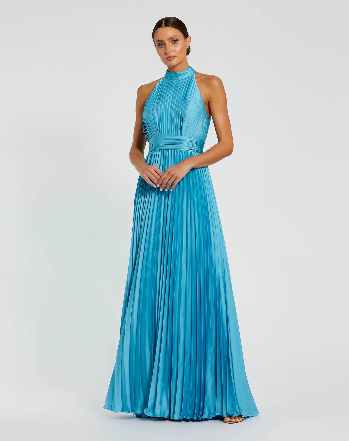 Blue Sleeveless Halter Neck Pleated Satin Gown - Ieena for Mac Duggal