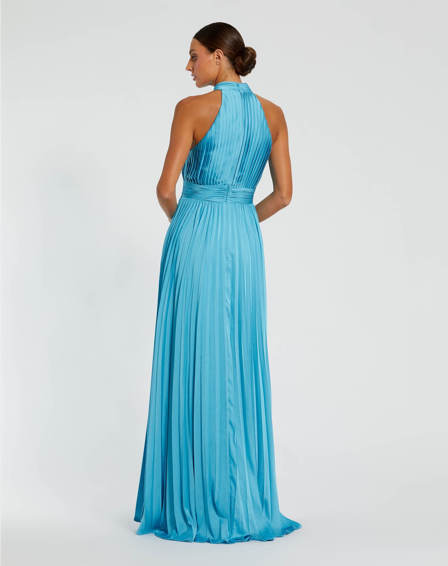 Blue Sleeveless Halter Neck Pleated Satin Gown - Ieena for Mac Duggal