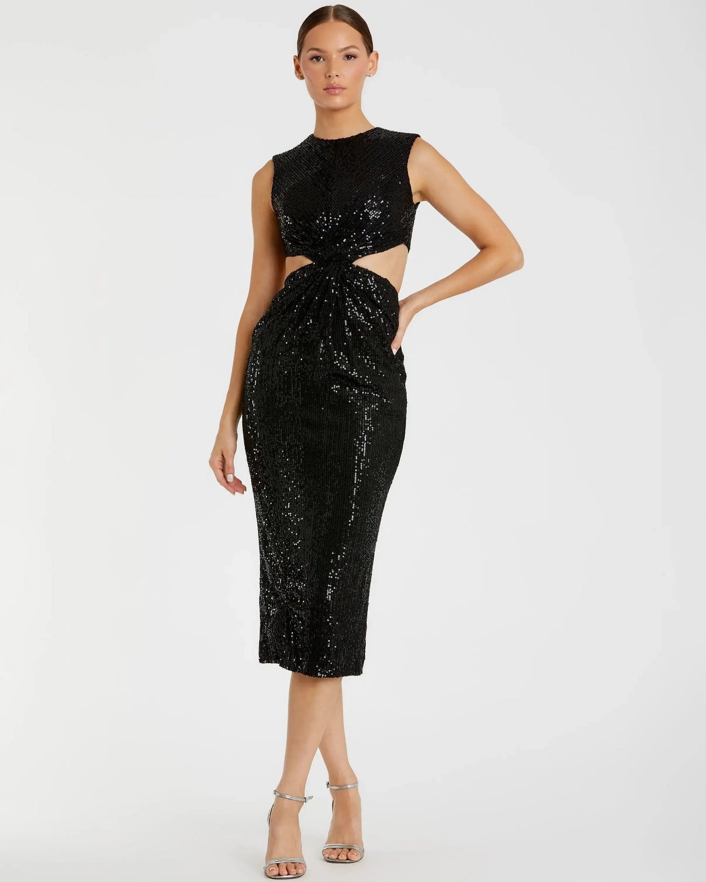 Black Sequin Front Twist Cut Out Sheath Dress - FINAL SALE - Ieena for Mac Duggal