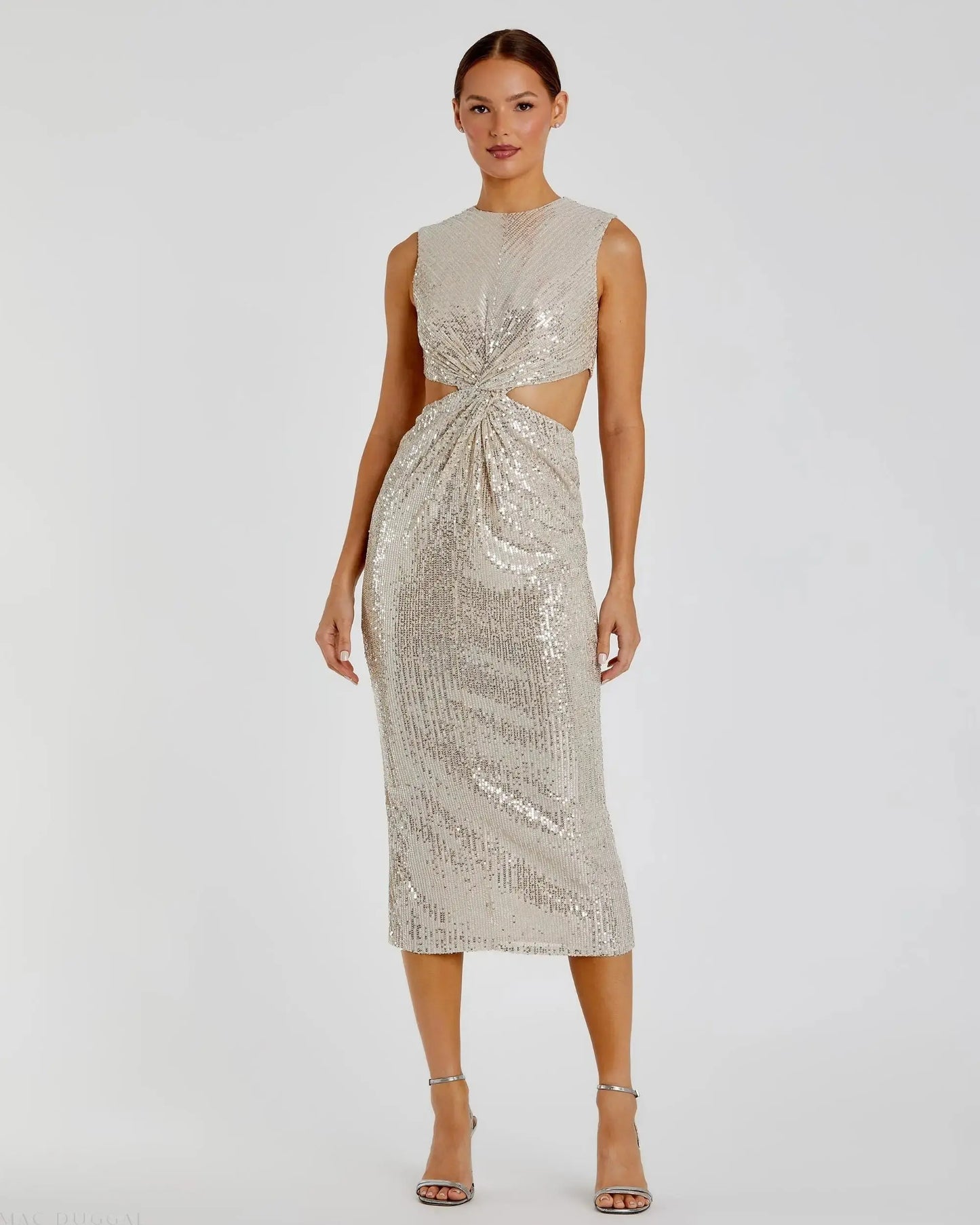 Silver Sequin Front Twist Cut Out Sheath Dress - FINAL SALE - Ieena for Mac Duggal