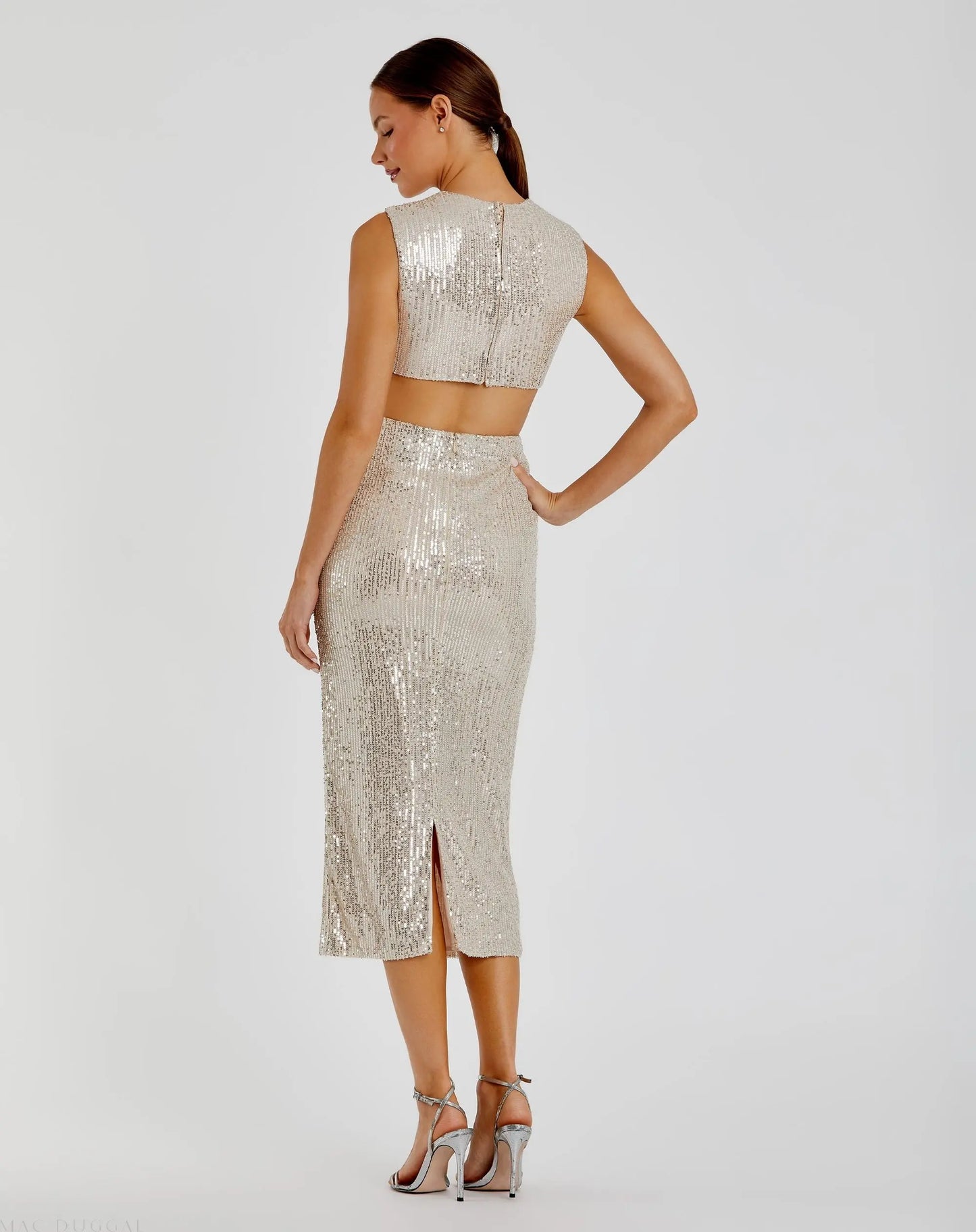 Silver Sequin Front Twist Cut Out Sheath Dress - FINAL SALE - Ieena for Mac Duggal