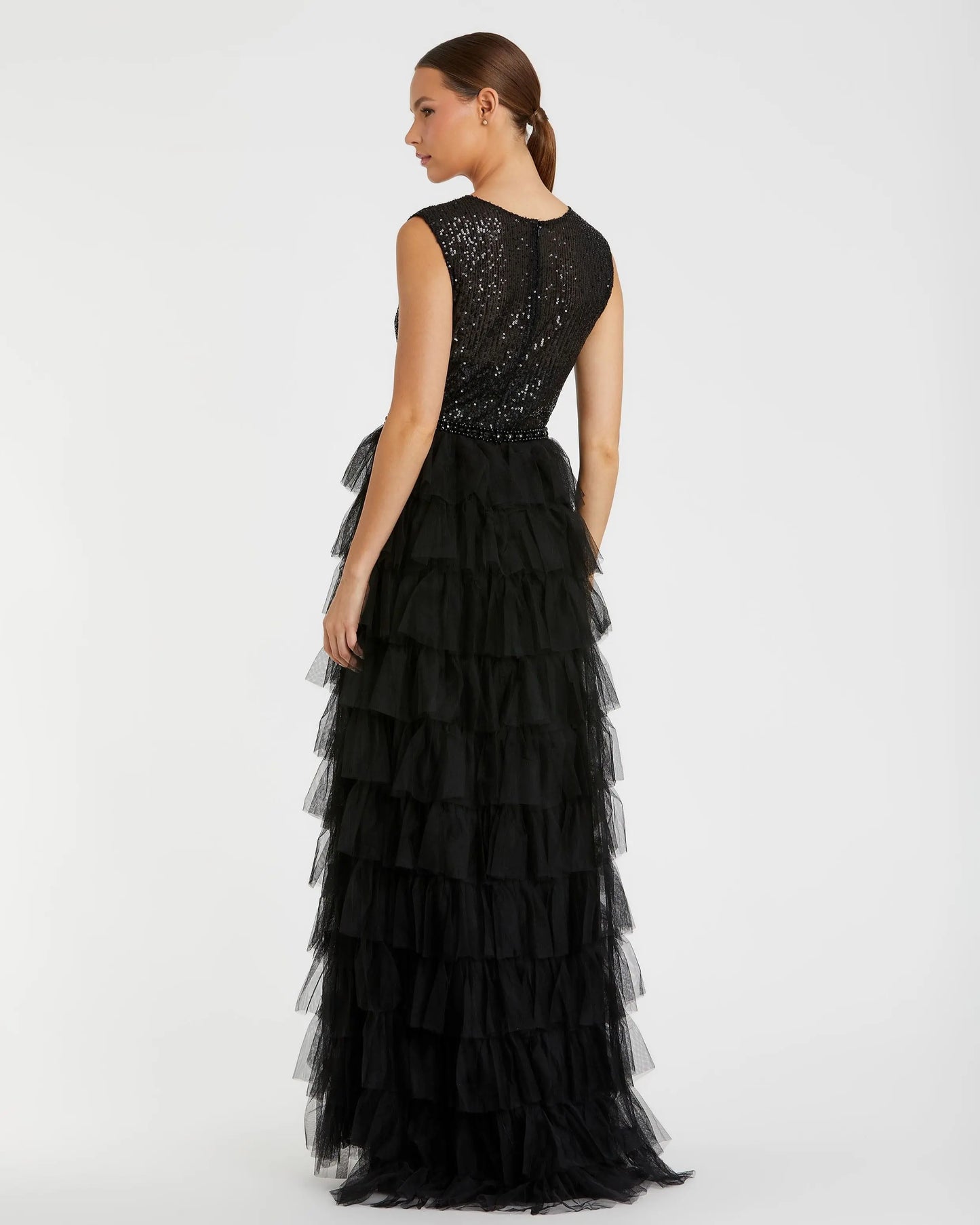 Black Ruffle Tiered High Neck Sequined Gown- Mac Duggal