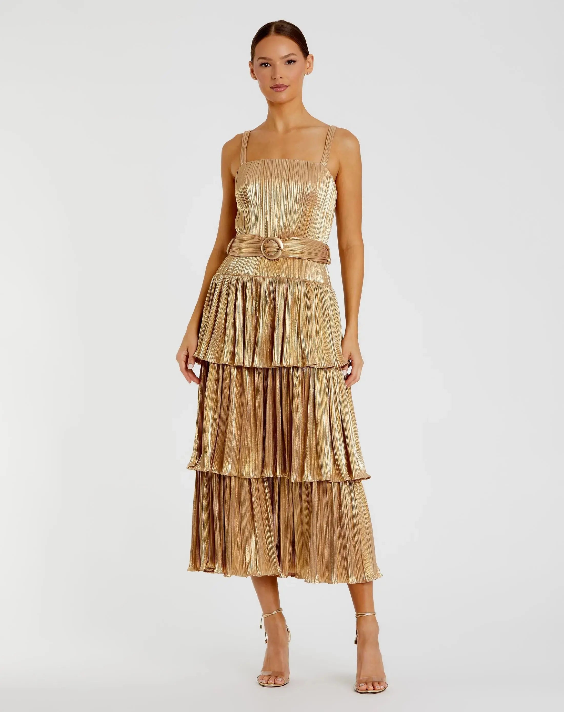 Gold Ruffle Tiered Buckle Detail Dress - Mac Duggal Gold Ruffle Tiered Buckle Detail Dress - Mac Duggal