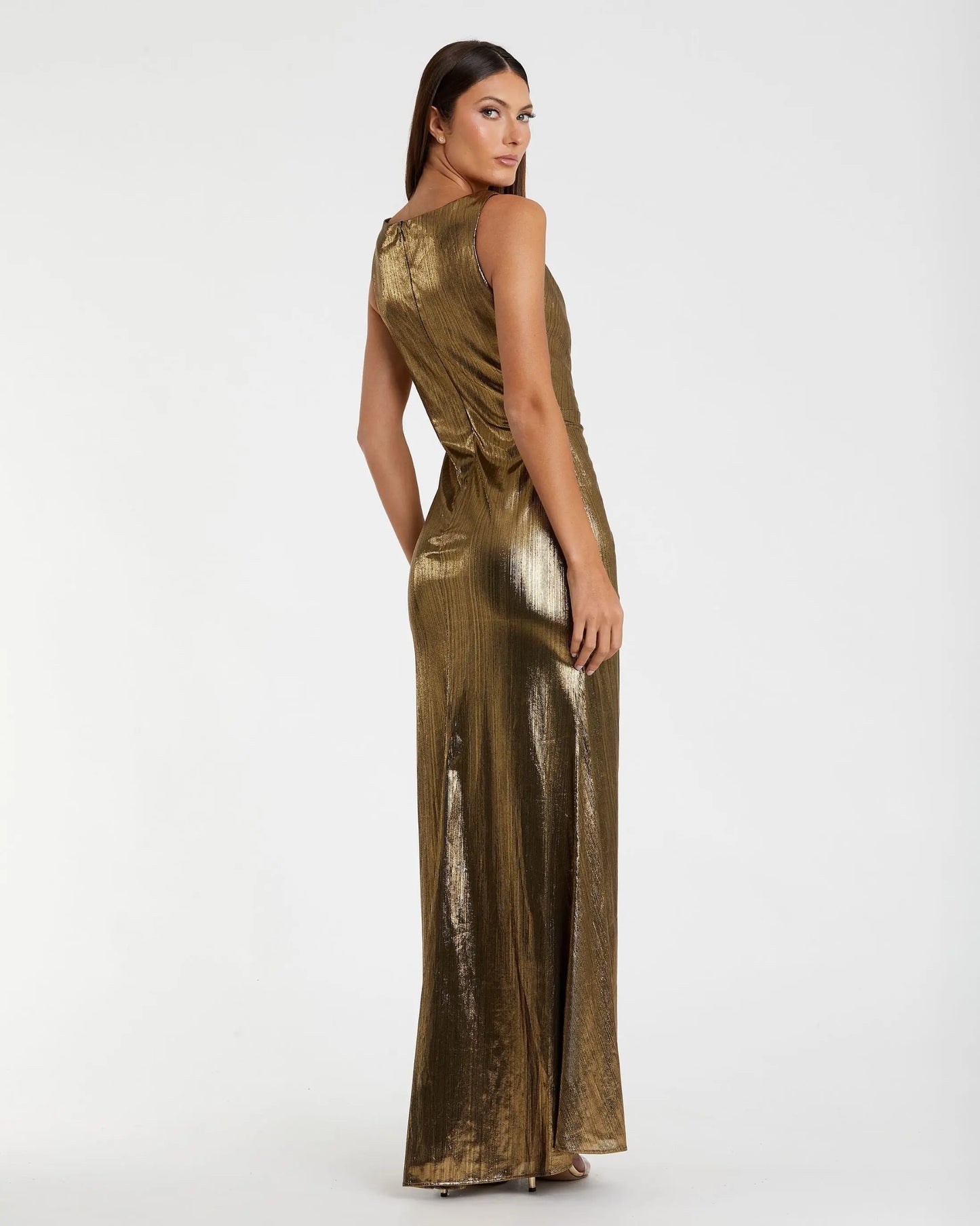 Gold Metallic Ruched Front Slip V-Neck Gown - Mac Duggal