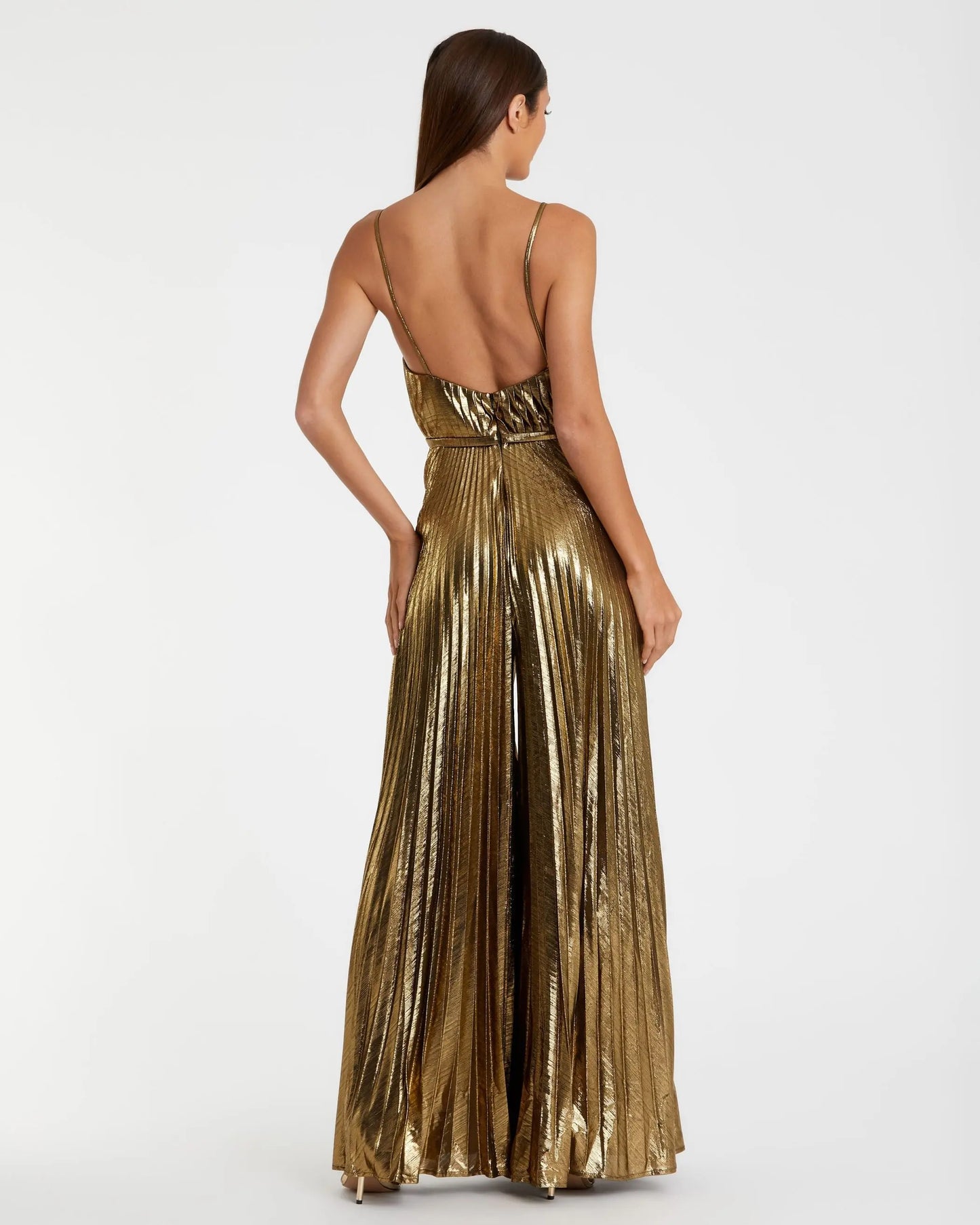 Gold Metallic Pleated V-Neck Jumpsuit - Ieena for Mac Duggal