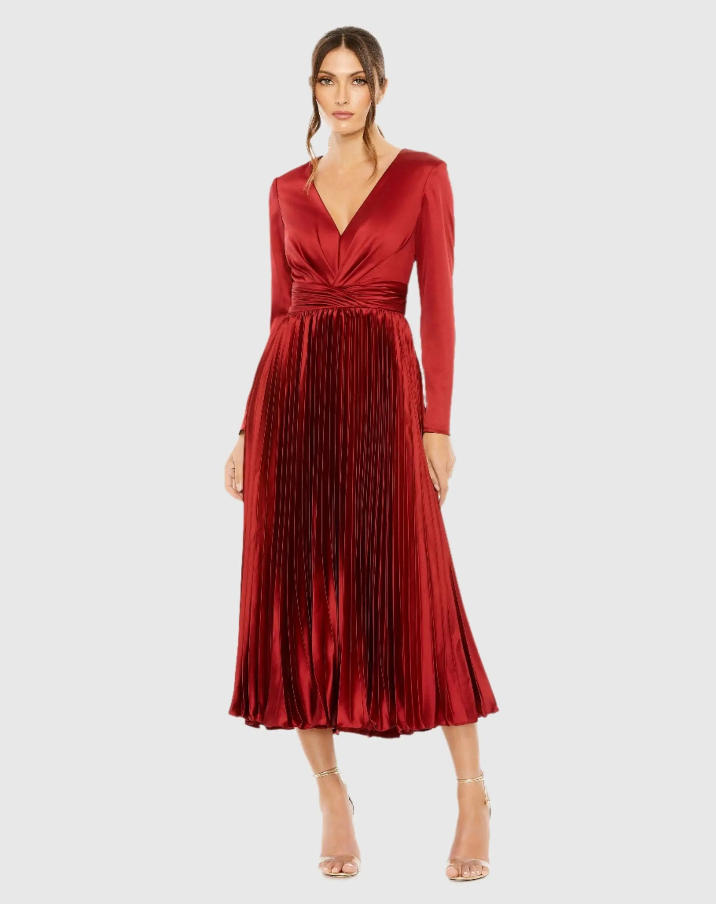 Red Pleated Long Sleeve V-Neck Dress