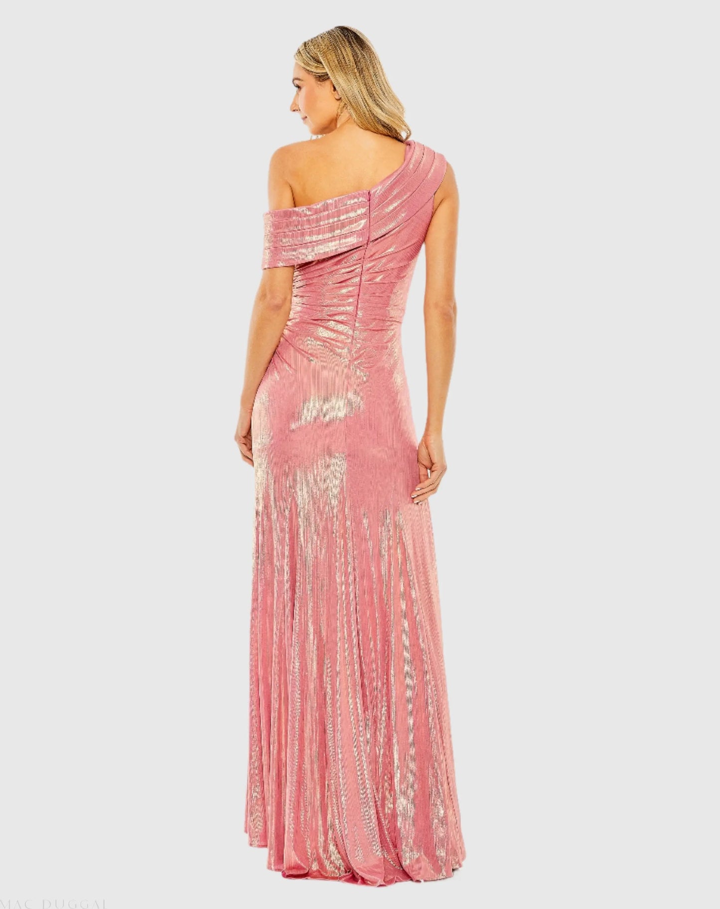 Pink Off The Shoulder Ruched Waist Slit Metallic Gown - Ieena for Mac Duggal