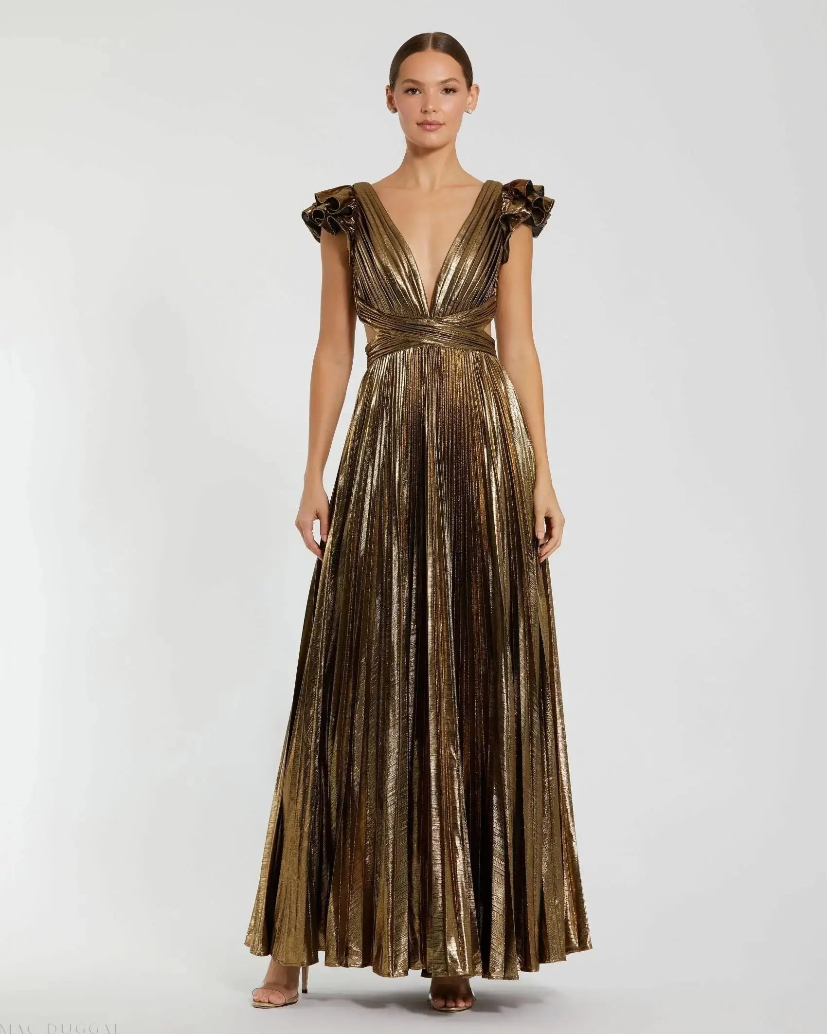 mac duggal gold ruffle dress Gold Ruffle Tiered Criss Cross Lace Up Gown