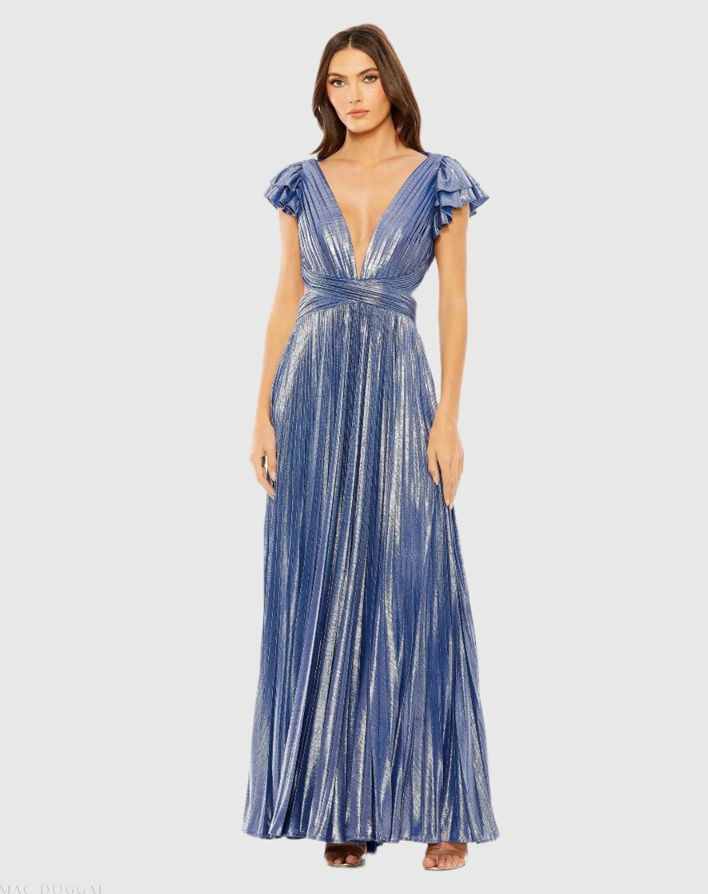 Blue Ruffle Sleeve Cutout Pleated Metallic Gown - Ieena for Mac Duggal