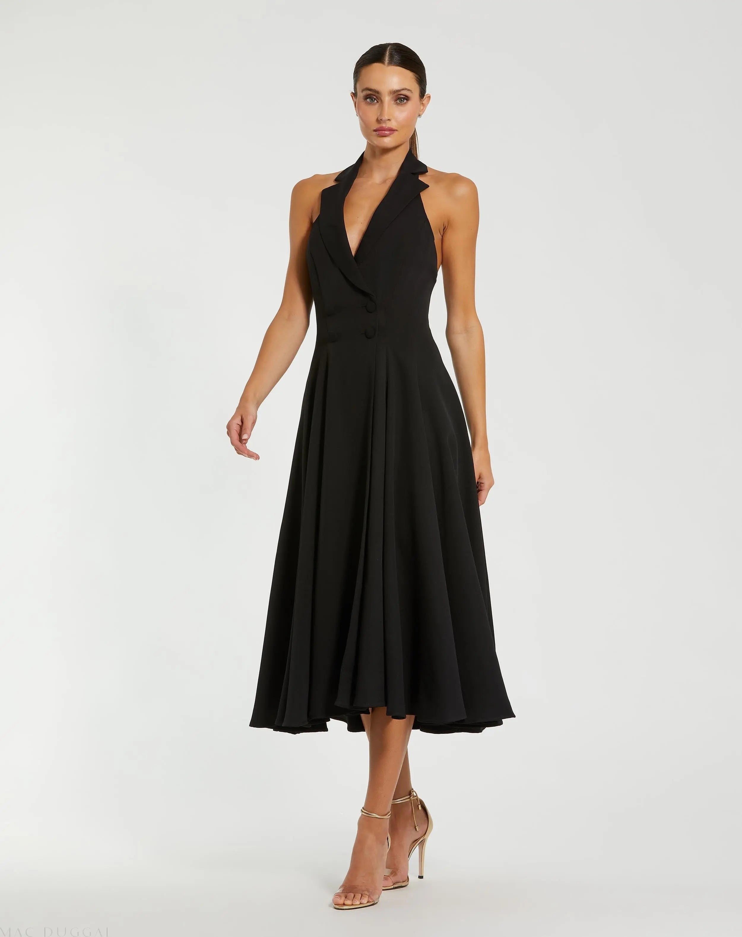 Black Halter Neck Sleeveless Blazer Midi Dress | Mac Duggal Black Halter Neck Sleeveless Blazer Midi Dress | Mac Duggal