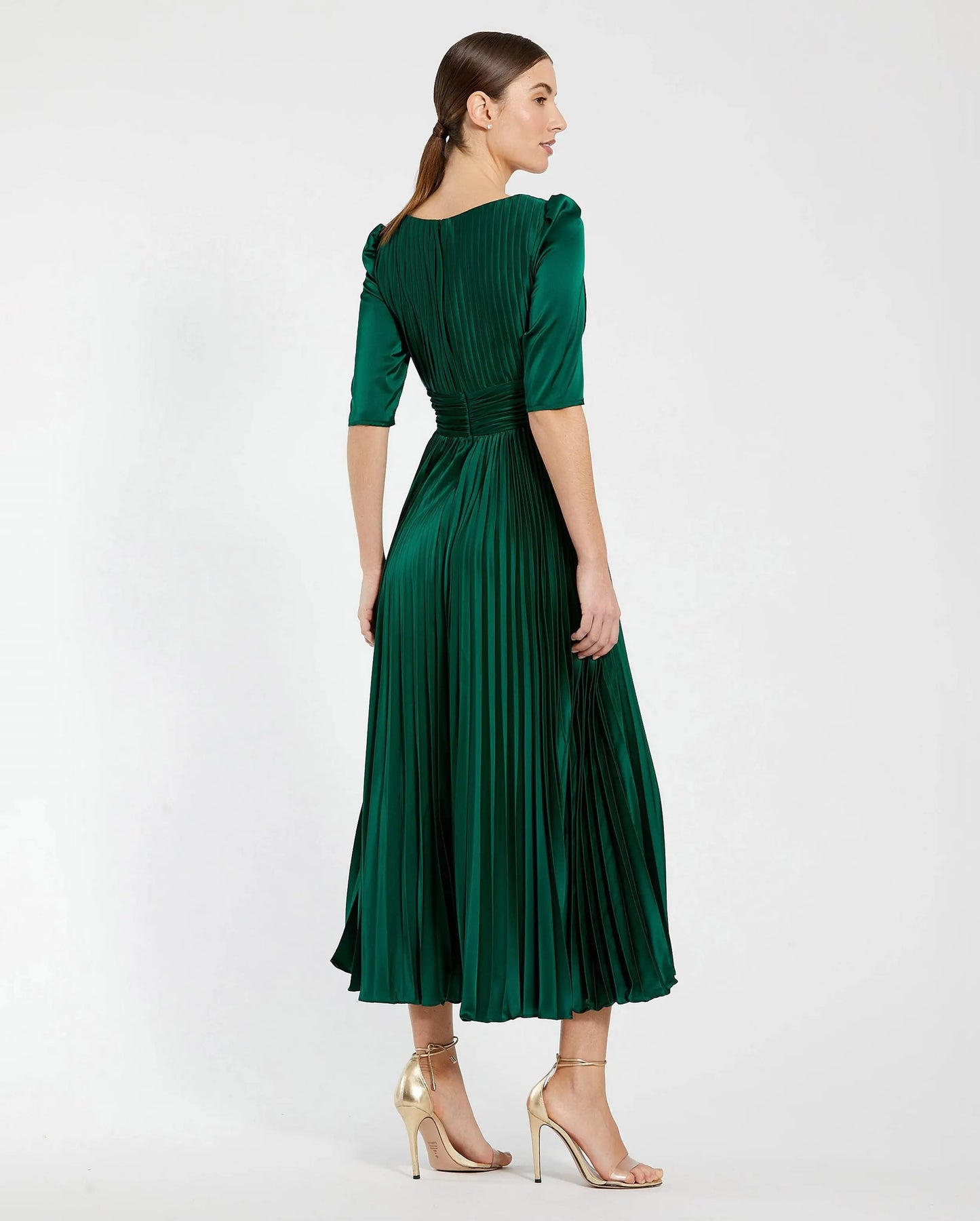 Green Quarter Sleeve V Neck Heat Pleated Dress - Mac Duggal