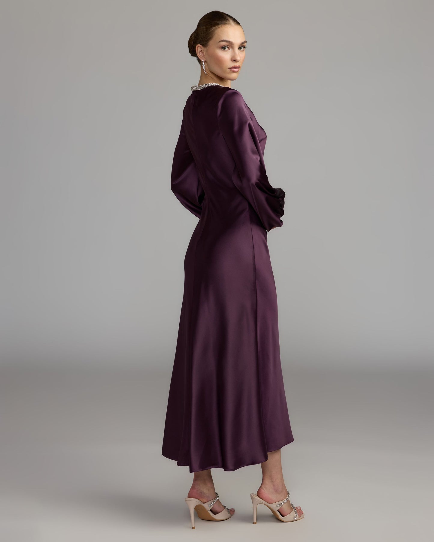 Deep Purple High Neck Long Sleeve Crystal Detail Dress Ieena for Mac Duggal