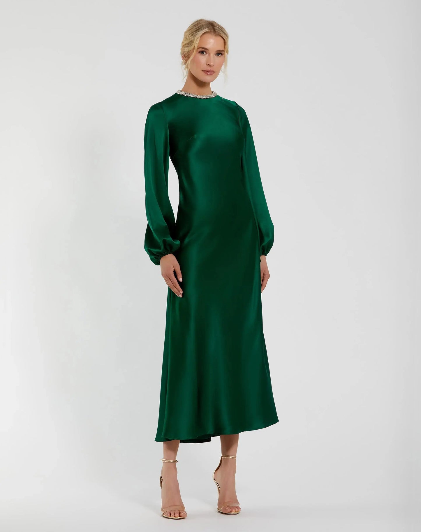 Green High Neck Long Sleeve Crystal Detail Dress - Mac Duggal