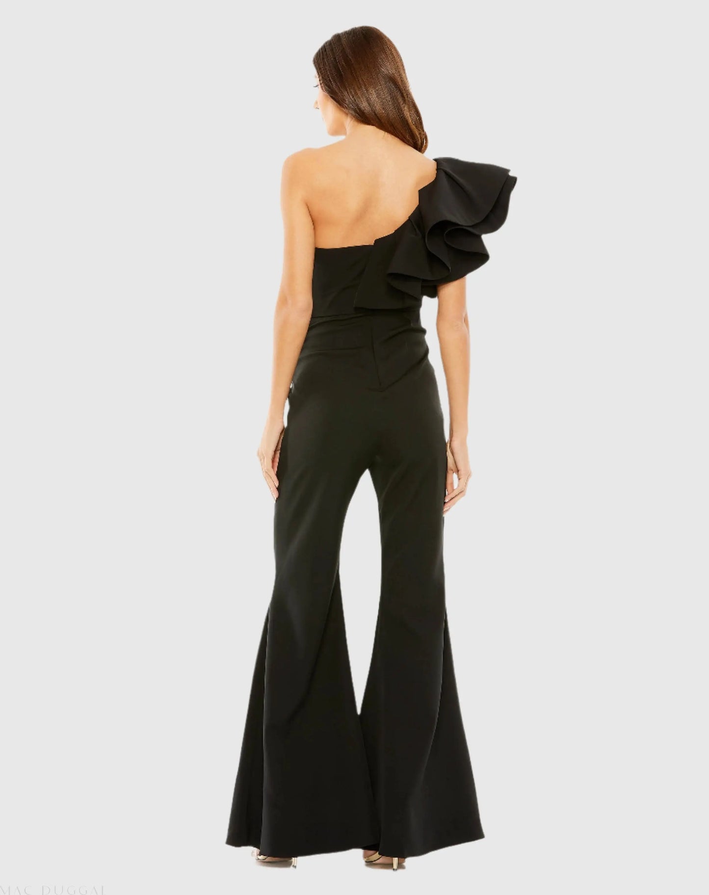Black One Shoulder Ruffle Detail Flare Pant Jumpsuit - Mac Duggal
