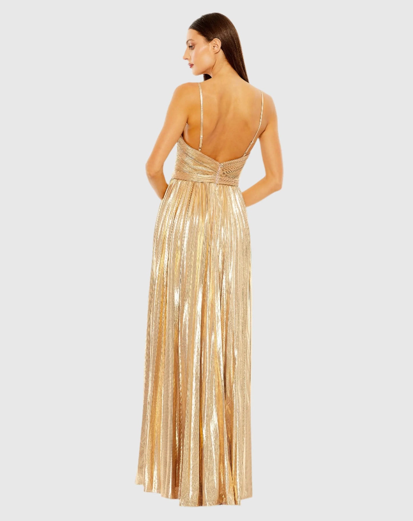 Gold Metallic Slim Strap Deep V Pleated Gown - Mac Duggal