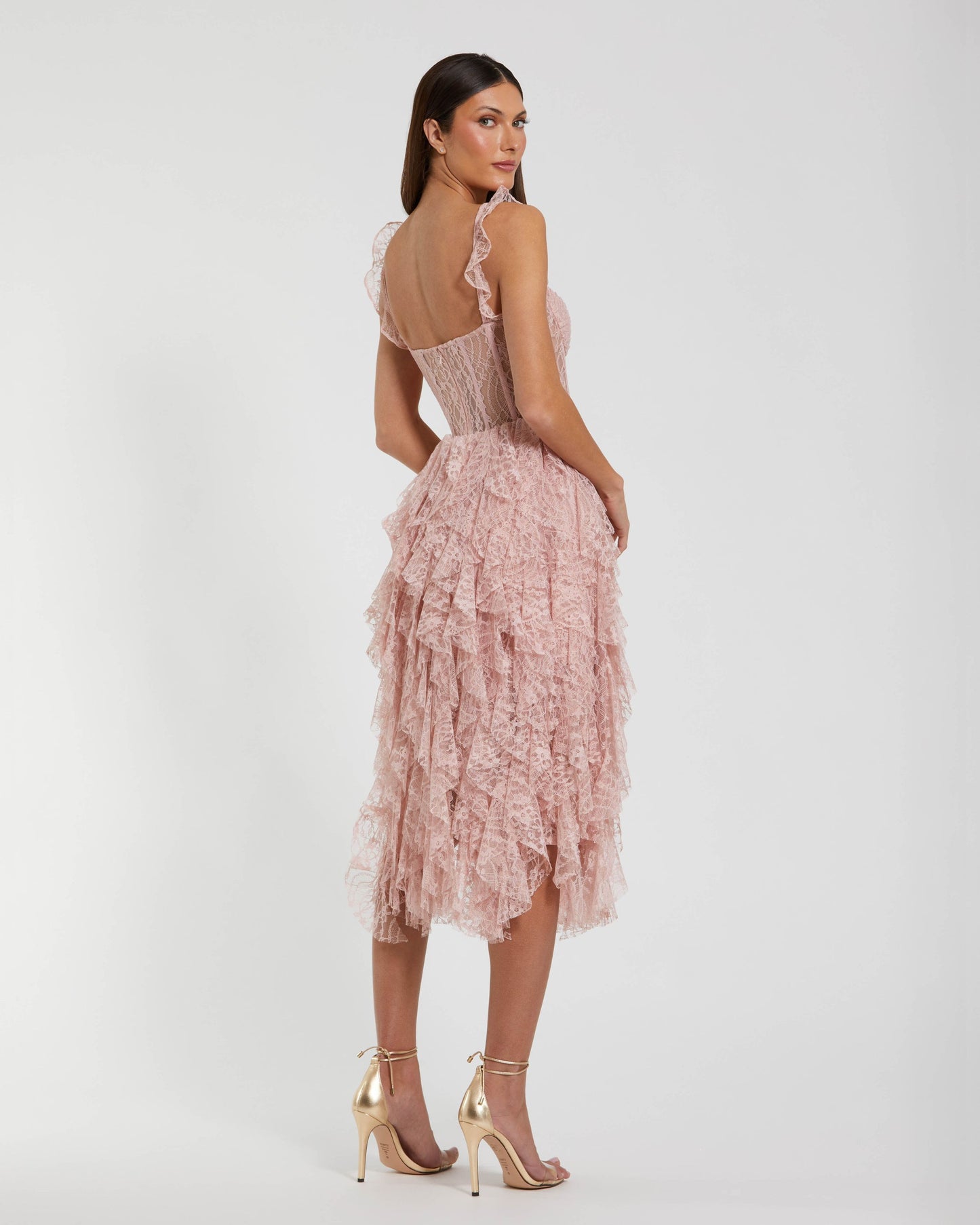 Pink Lace Ruffle Tiered Midi Dress Ieena for Mac Duggal