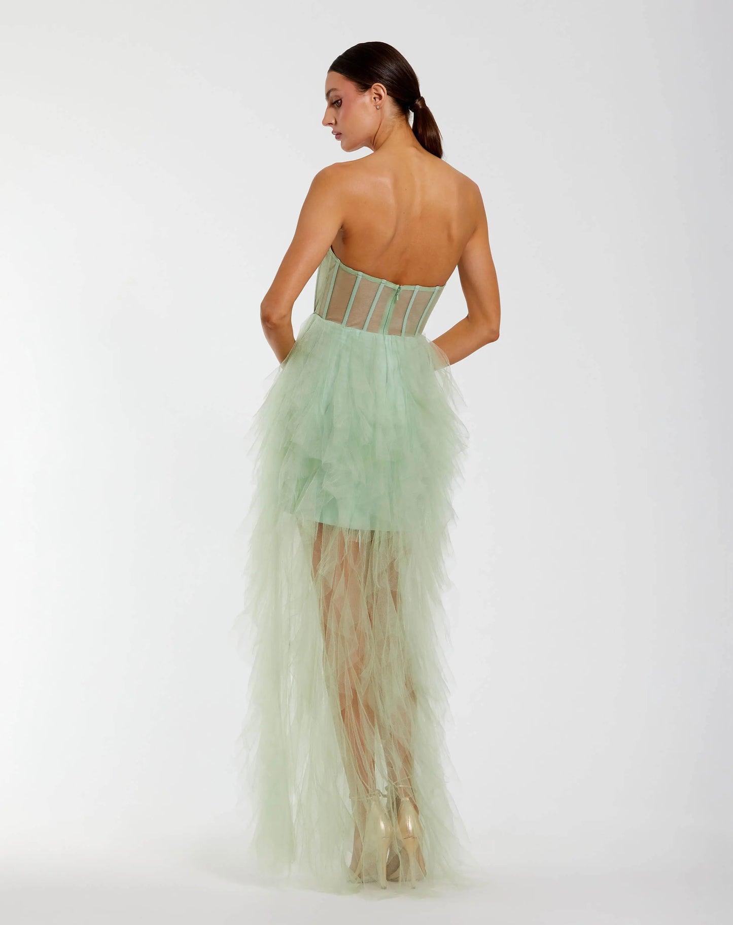 Green Strapless Corset Gown with Spiral Ruffles - Ieena for Mac Duggal
