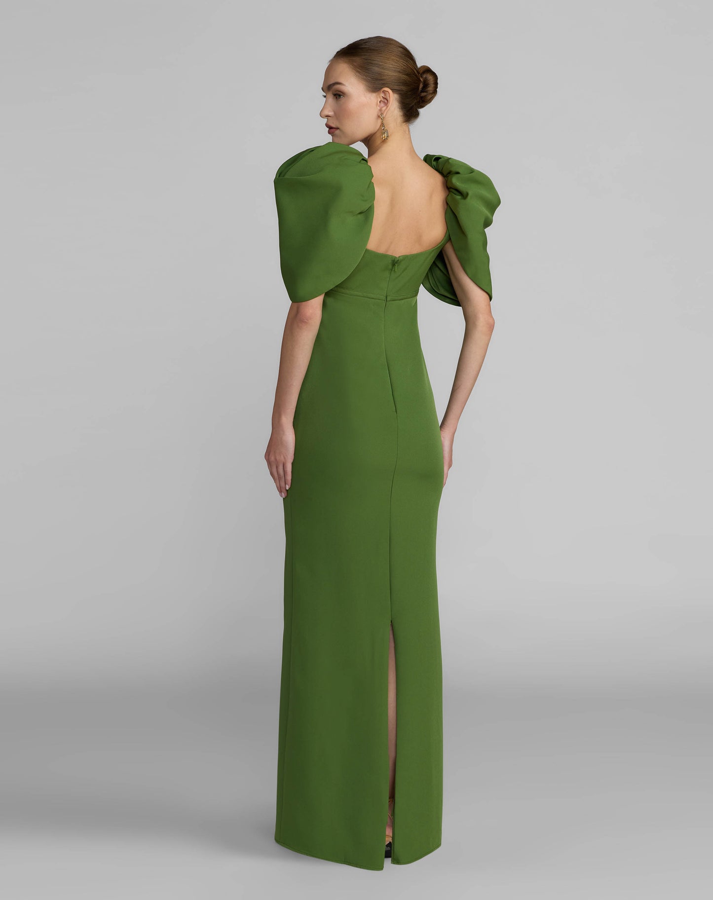 Green Crepe Square Neck Gown With Puff Sleeves - Ieena for Mac Duggal