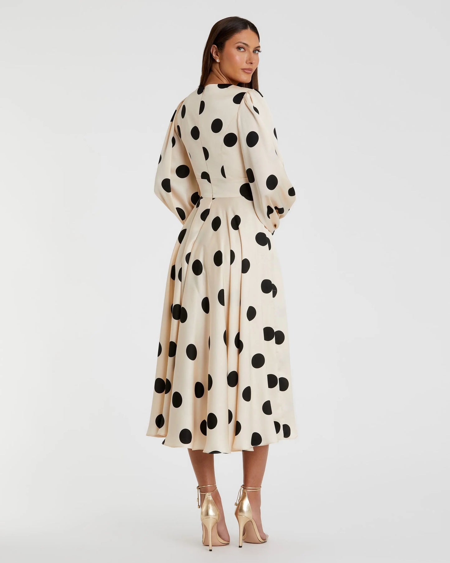 Beige Polka Dot Charmeuse Long Sleeve V Neck Midi Dress Ieena for Mac Duggal