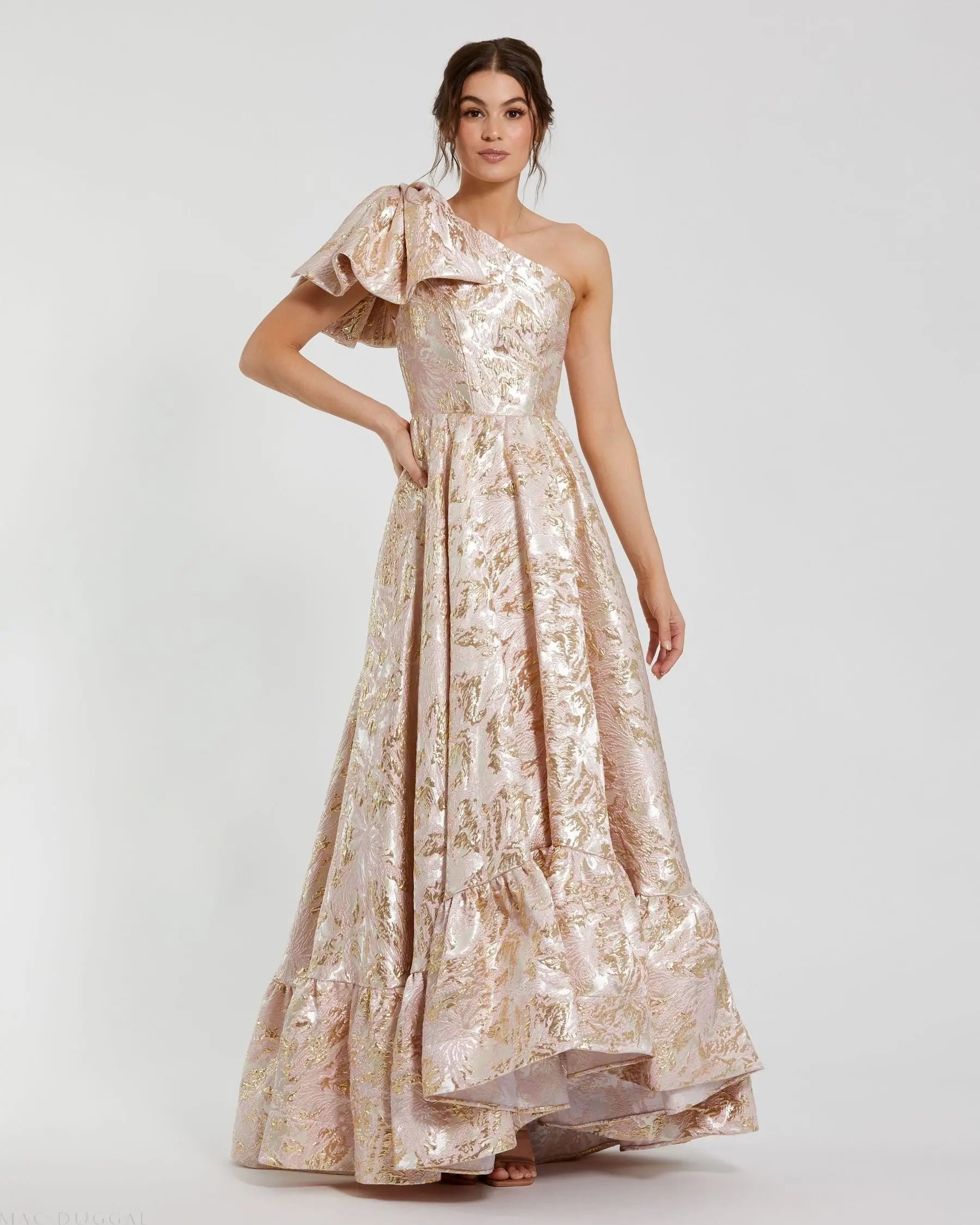 knee length dresses for ladies Multicolor One Shoulder Brocade Floral Gown With Bow main image 0