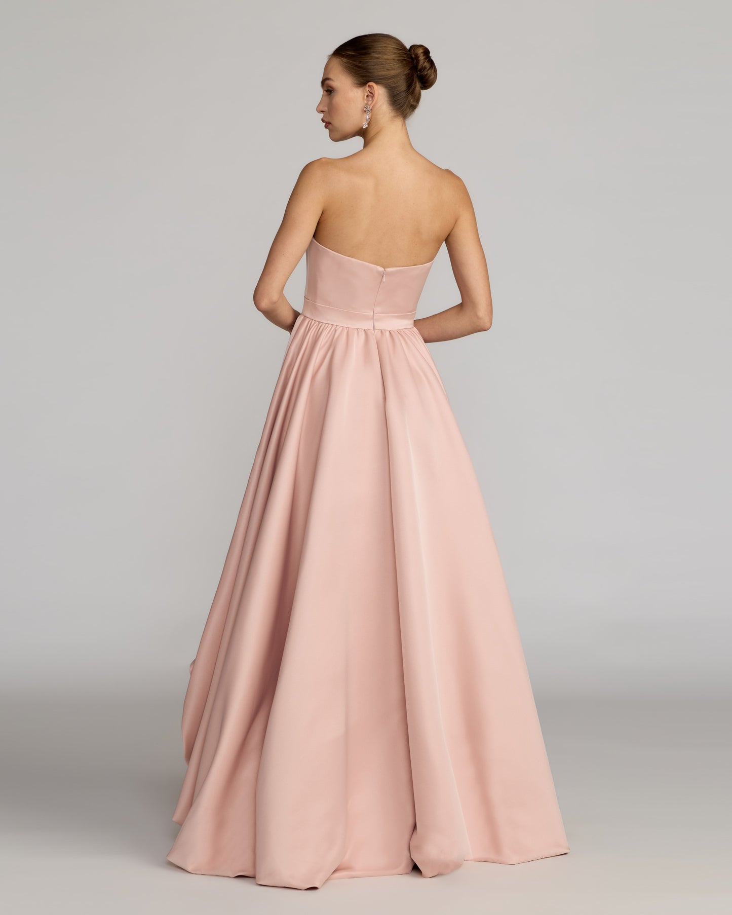 Pink Strapless Satin High Low Gown with Rosettes Ieena for Mac Duggal