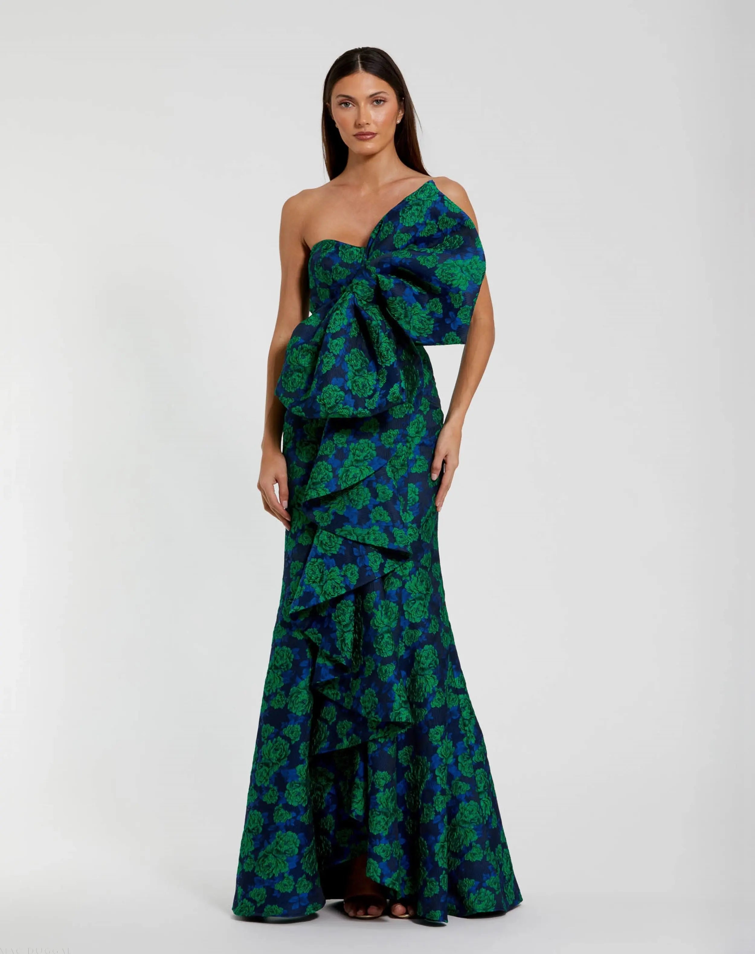Blue and Green Strapless Brocade Fitted Gown With Oversized Bow - Mac Mac Duggal Blue and Green Strapless Brocade Fitted Gown With Oversized Bow - Mac Mac Duggal