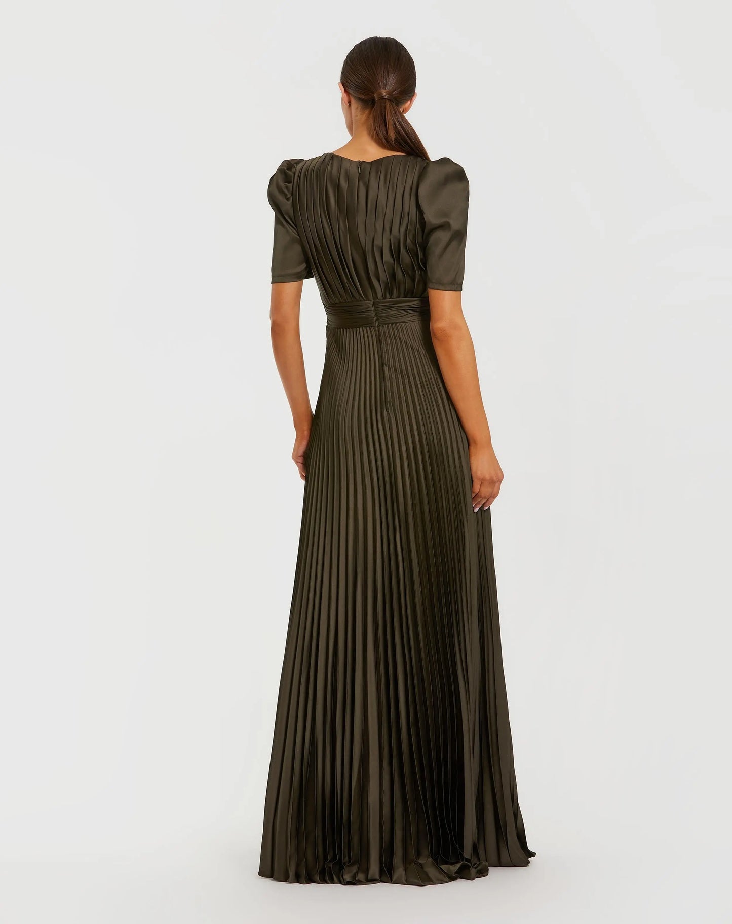 Dark Green Pleated Charmeuse Puff Sleeve Evening Gown With Slit