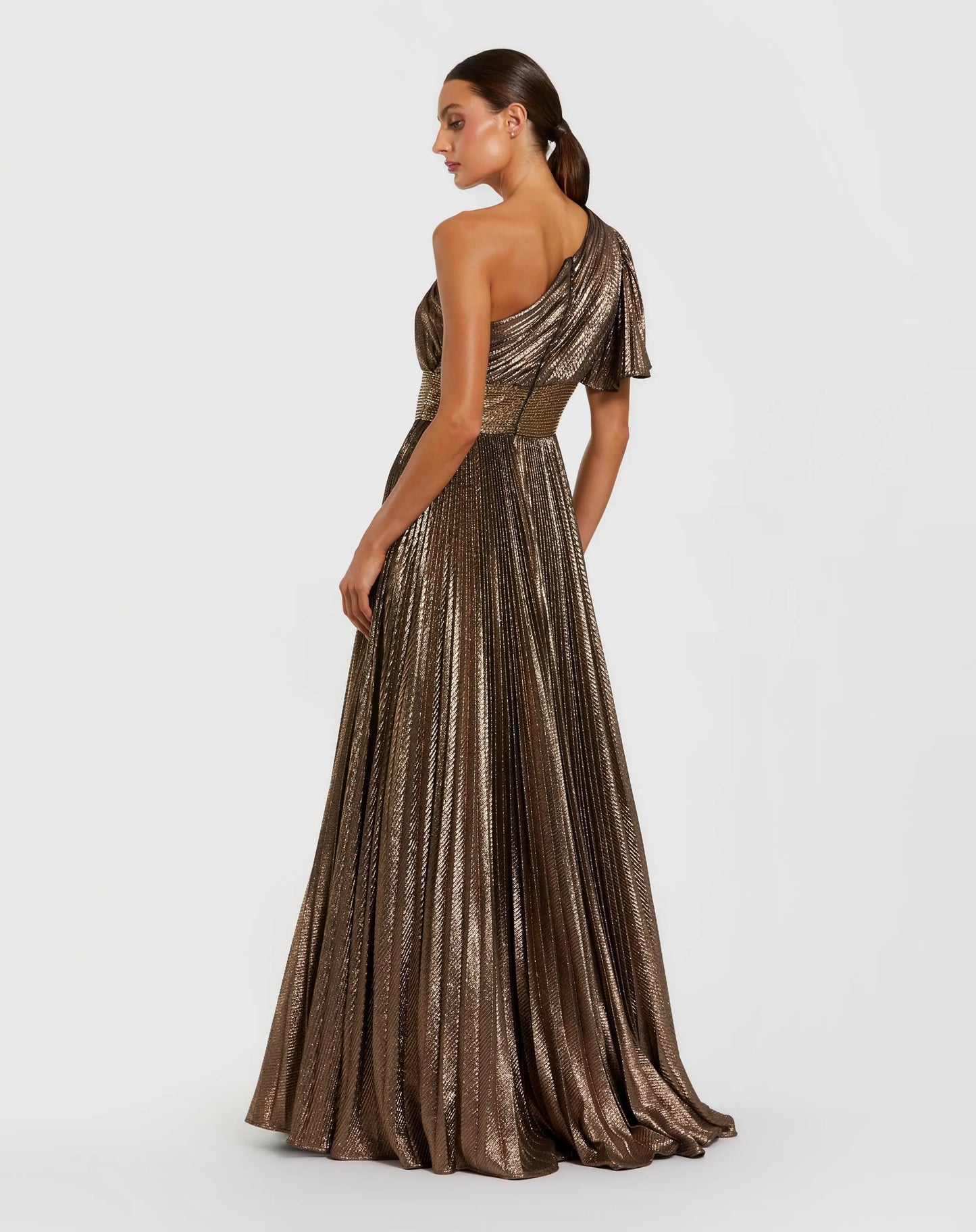 Brown One Shoulder Pleated Metallic Ballgown - Mac Duggal