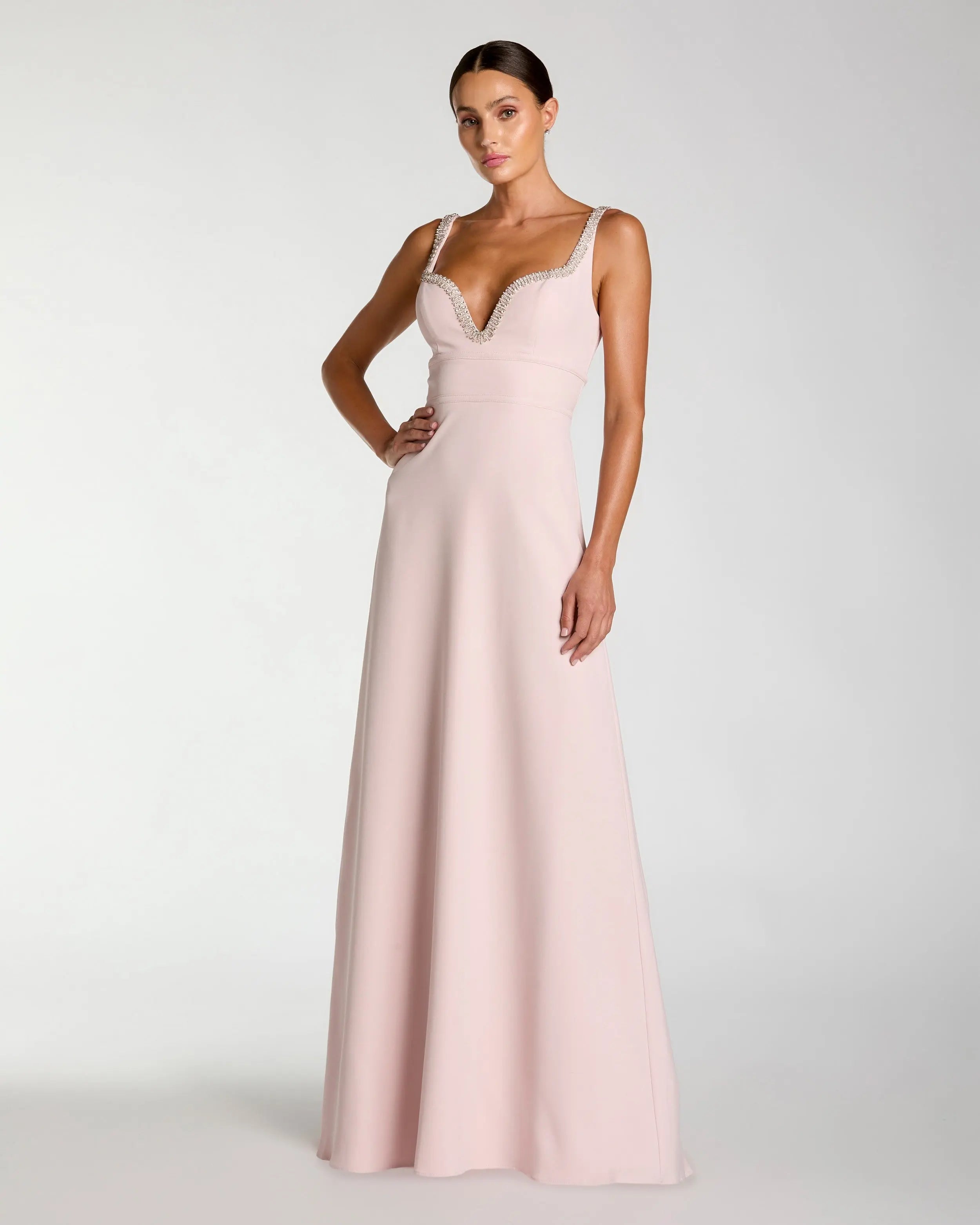 Light Pink Crepe A-Line Gown With Rhinestone Trim | Mac Duggal Light Pink Crepe A-Line Gown With Rhinestone Trim | Mac Duggal