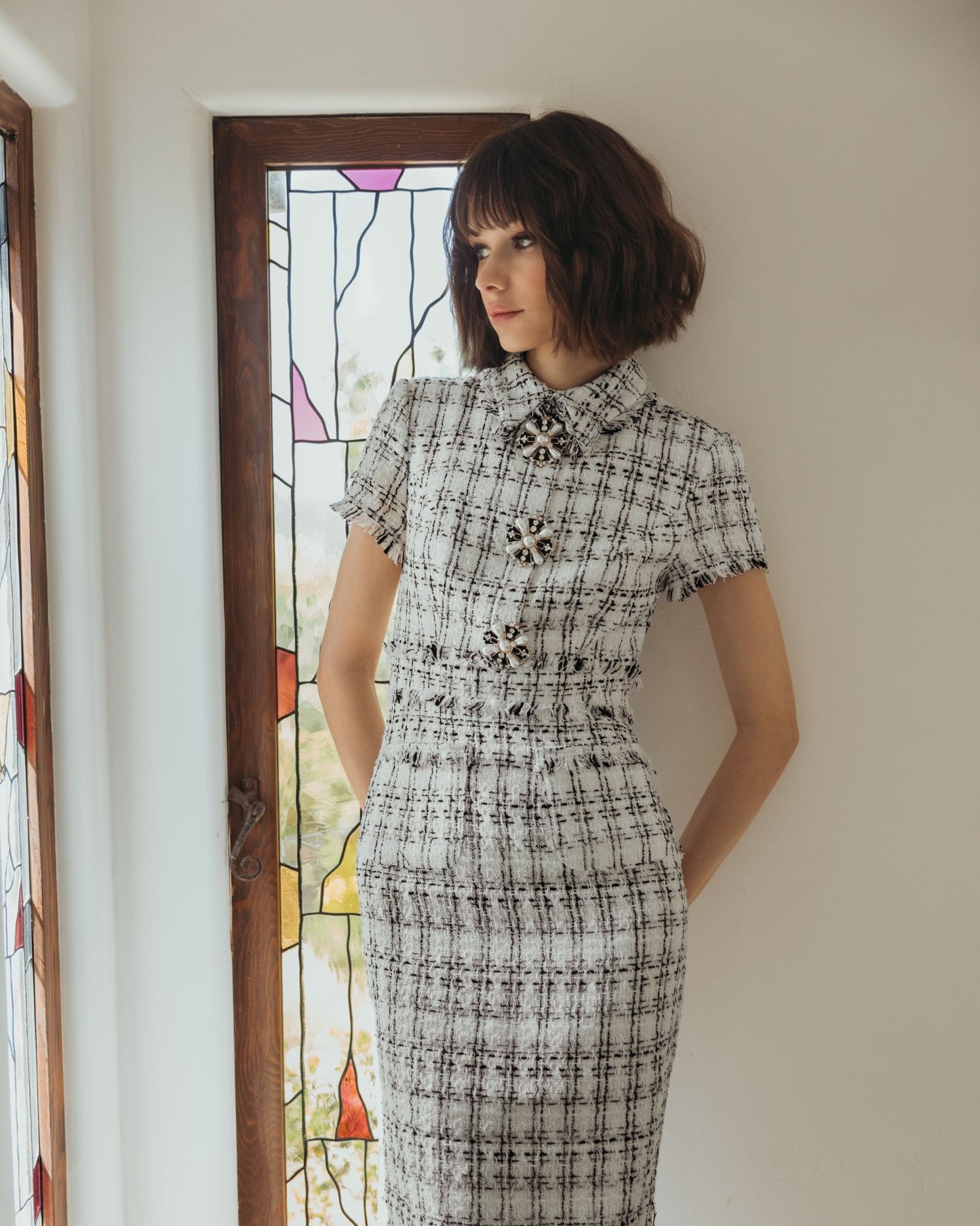 White Fitted Bouclé Short Sleeve Button Up Midi Dress - Ieena for Mac Duggal