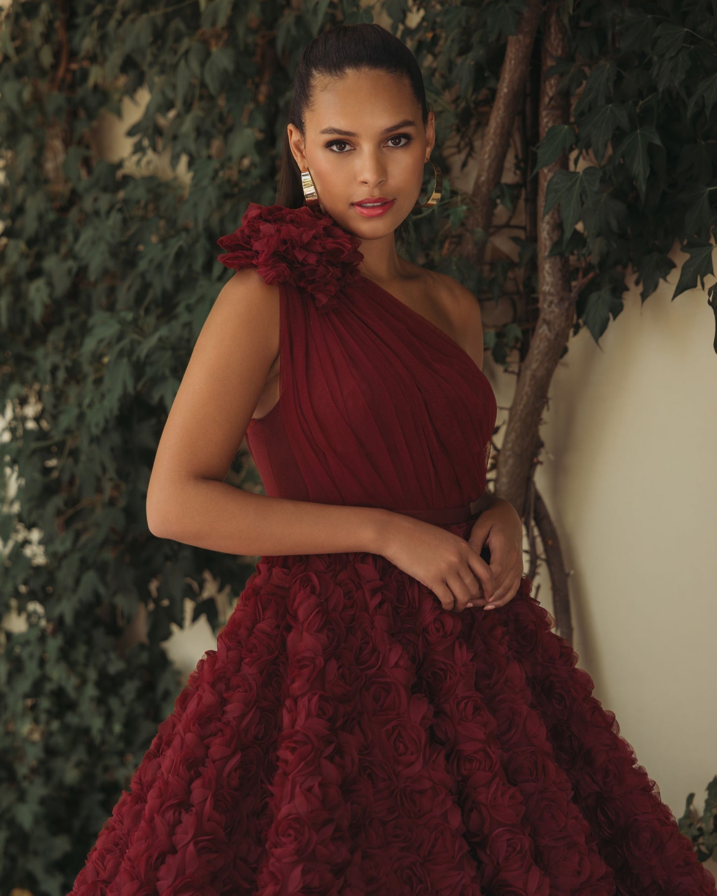 Red One Shoulder Rosette A Line Midi Dress with 3D Flower - Ieena for Mac Duggal
