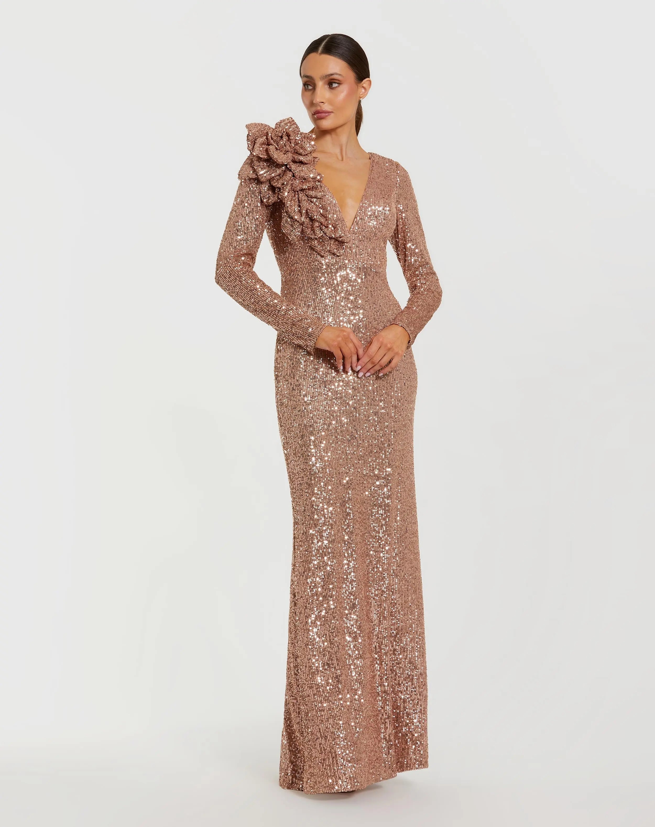 Pink Long Sleeve V Neck Sequin Gown With 3D Flower | Mac Duggal Pink Long Sleeve V Neck Sequin Gown With 3D Flower | Mac Duggal