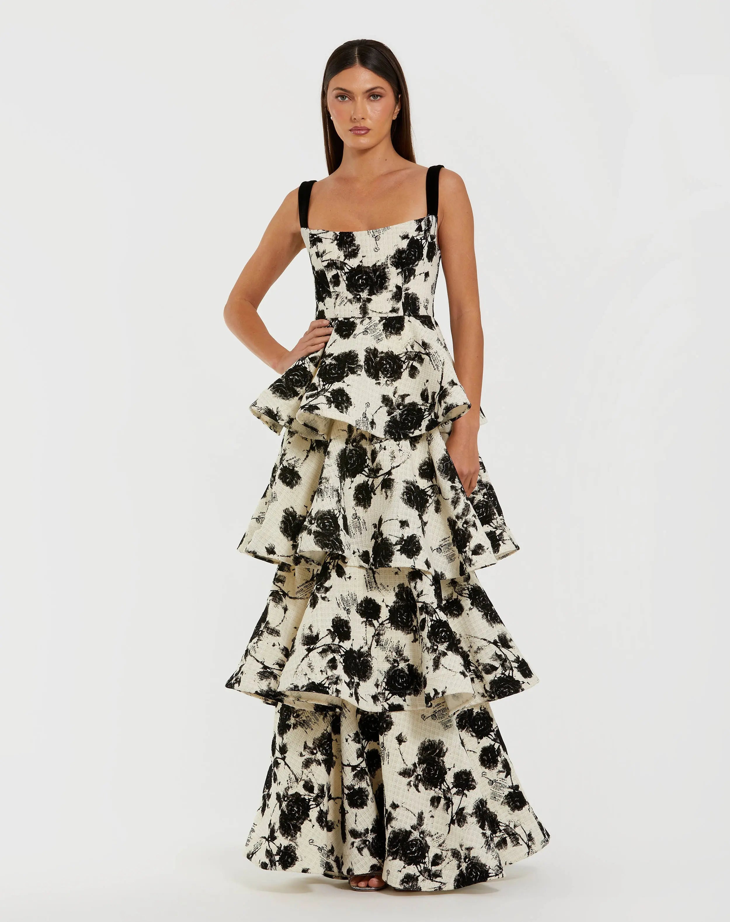 Black and White Floral Boucle Tiered Ruffle Gown | Mac Duggal